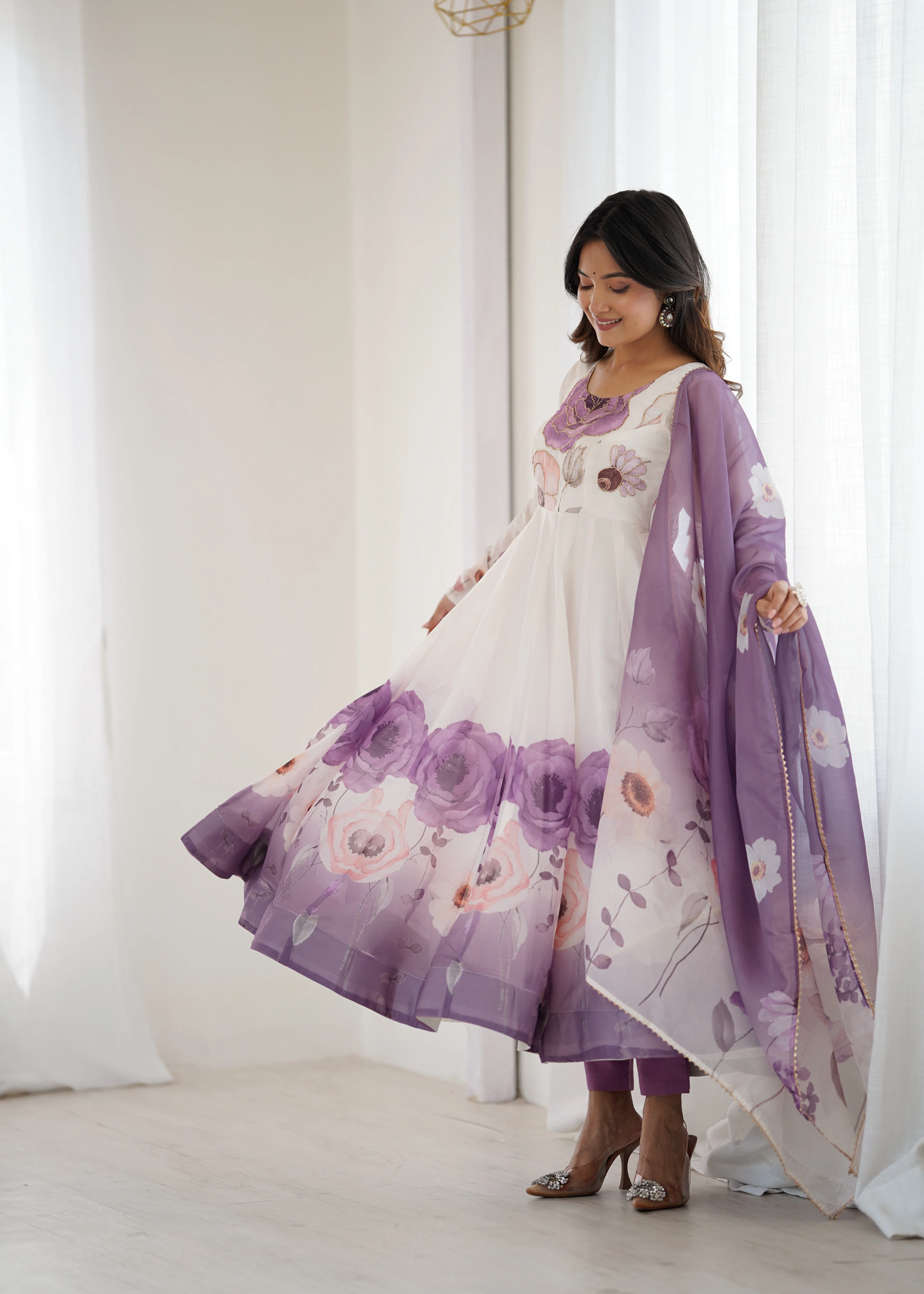 Floral Pure Soft Tabby Organza Silk Three Piece Anarkali Suit - Violate - Image 8