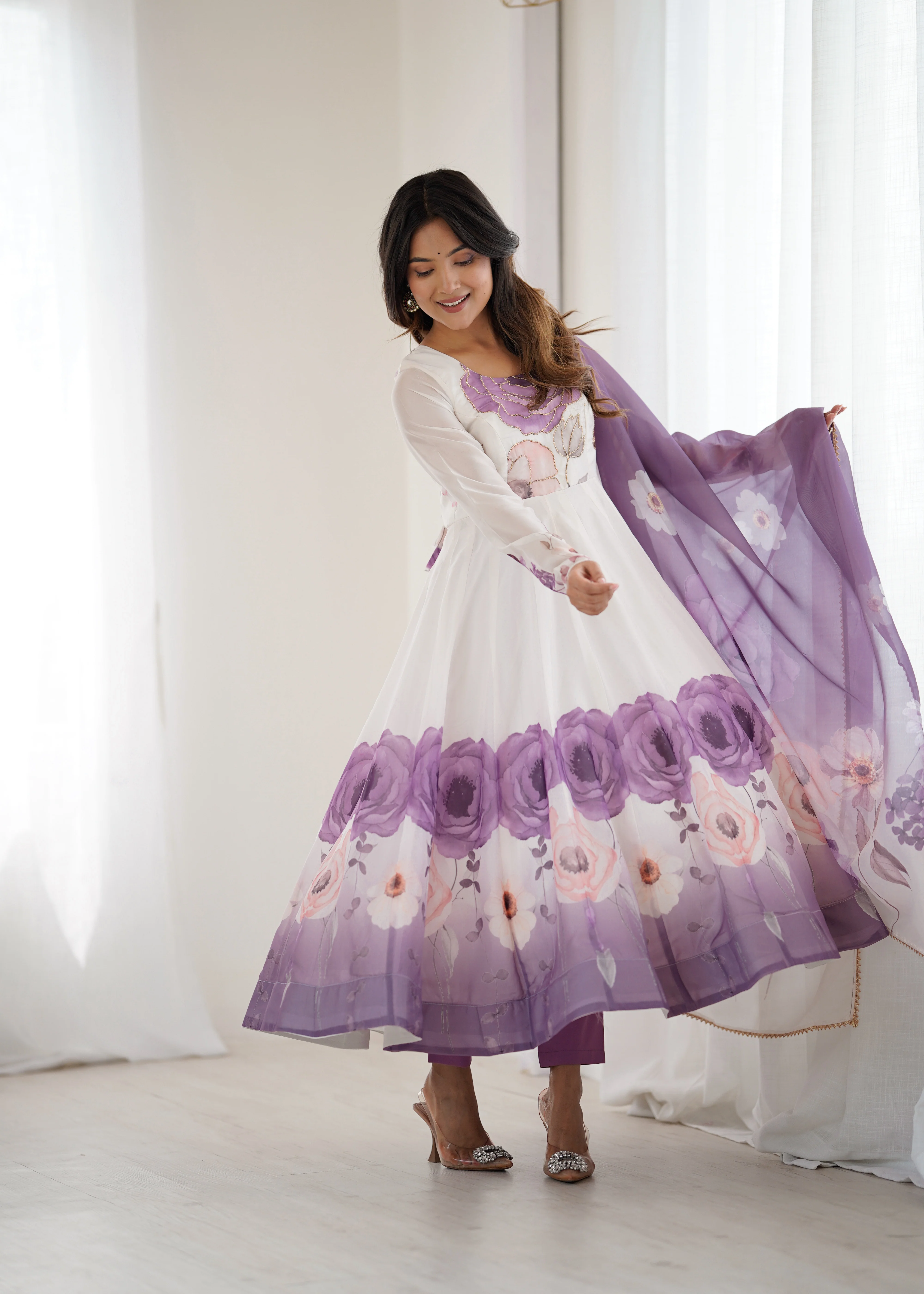 Floral Pure Soft Tabby Organza Silk Three Piece Anarkali Suit - Violate - Image 9