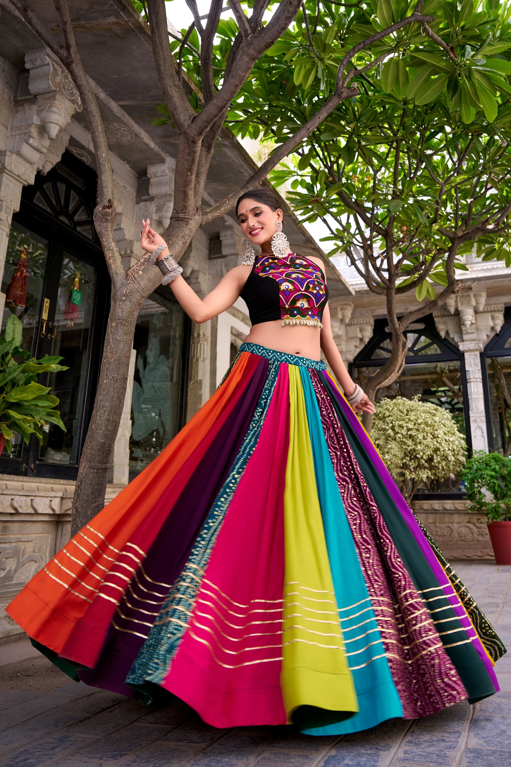 Garba Special Rainbow Printed Rayon Mirror Work Lehenga with Blouse - Image 2