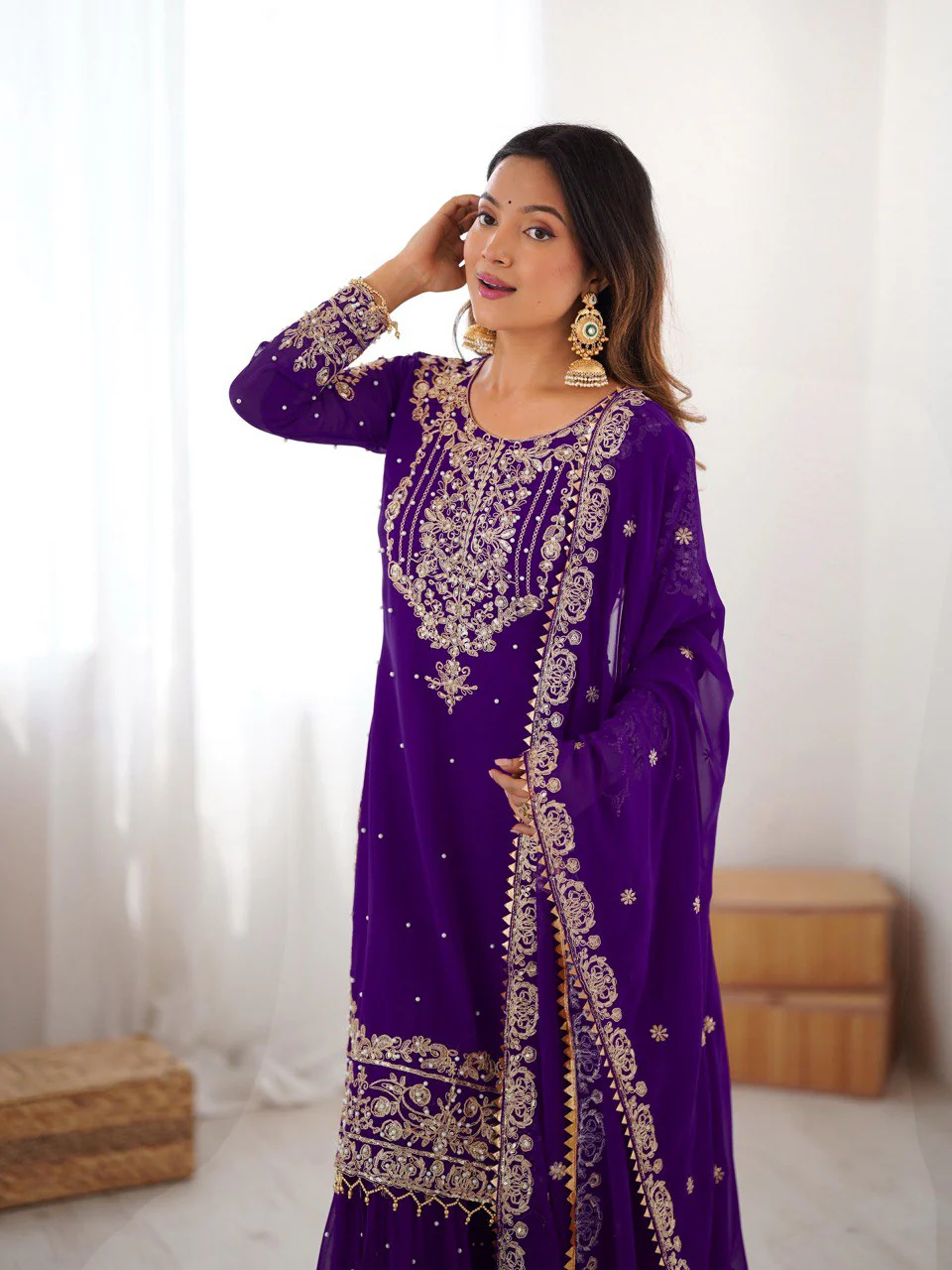 Glamorous Purple Faux Georgette Pearl Work Sharara Set with Dupatta - Image 2