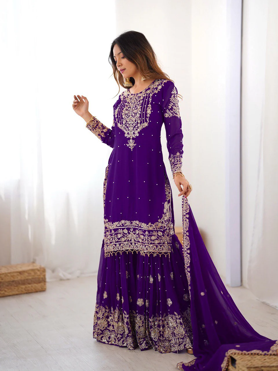 Glamorous Purple Faux Georgette Pearl Work Sharara Set with Dupatta - Image 3