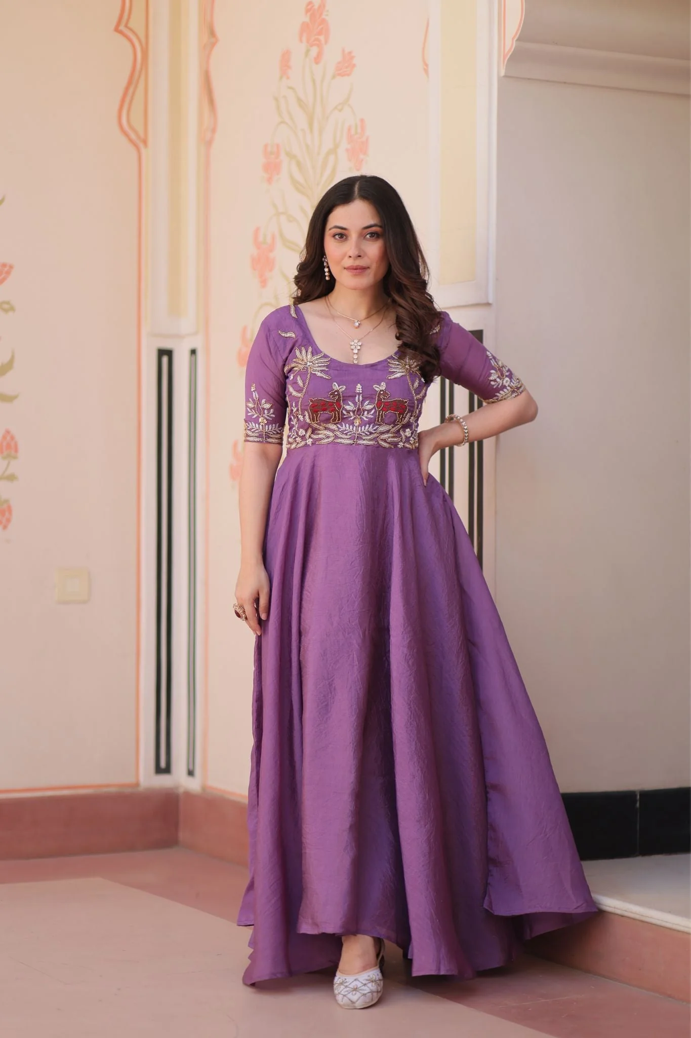 Gold Crush Beads Embroidered Work Crafted Designer Gown - Image 2