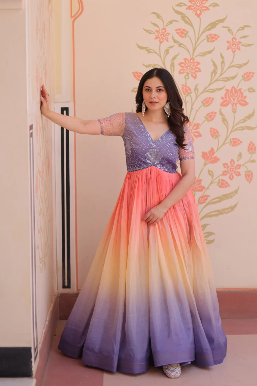 Gold Crush Padding With Beads Embroidered Work Gown