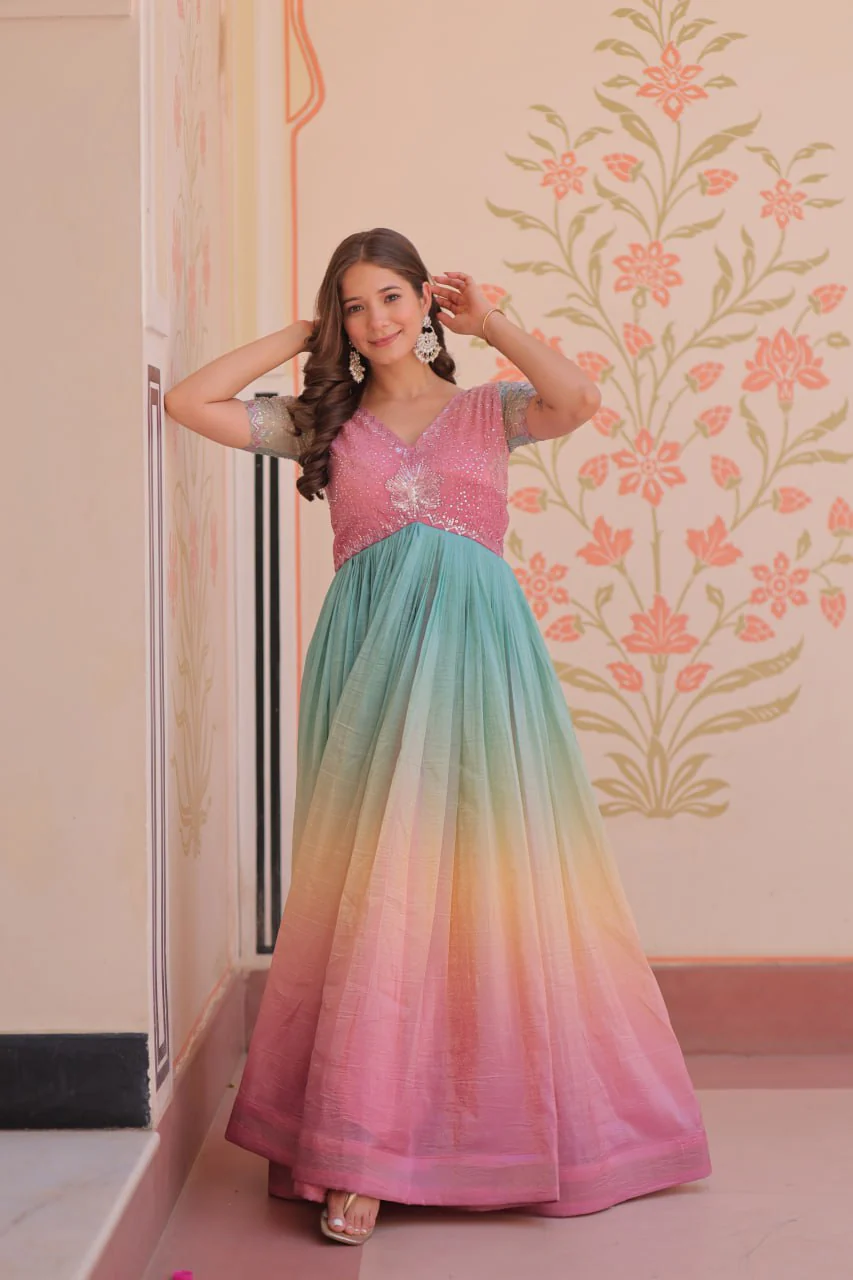 Gold Crush Padding With Beads Embroidered Work Gown - Image 20
