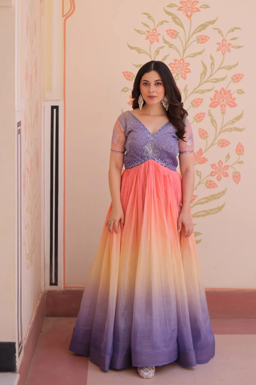 Gold Crush Padding With Beads Embroidered Work Gown - Image 3