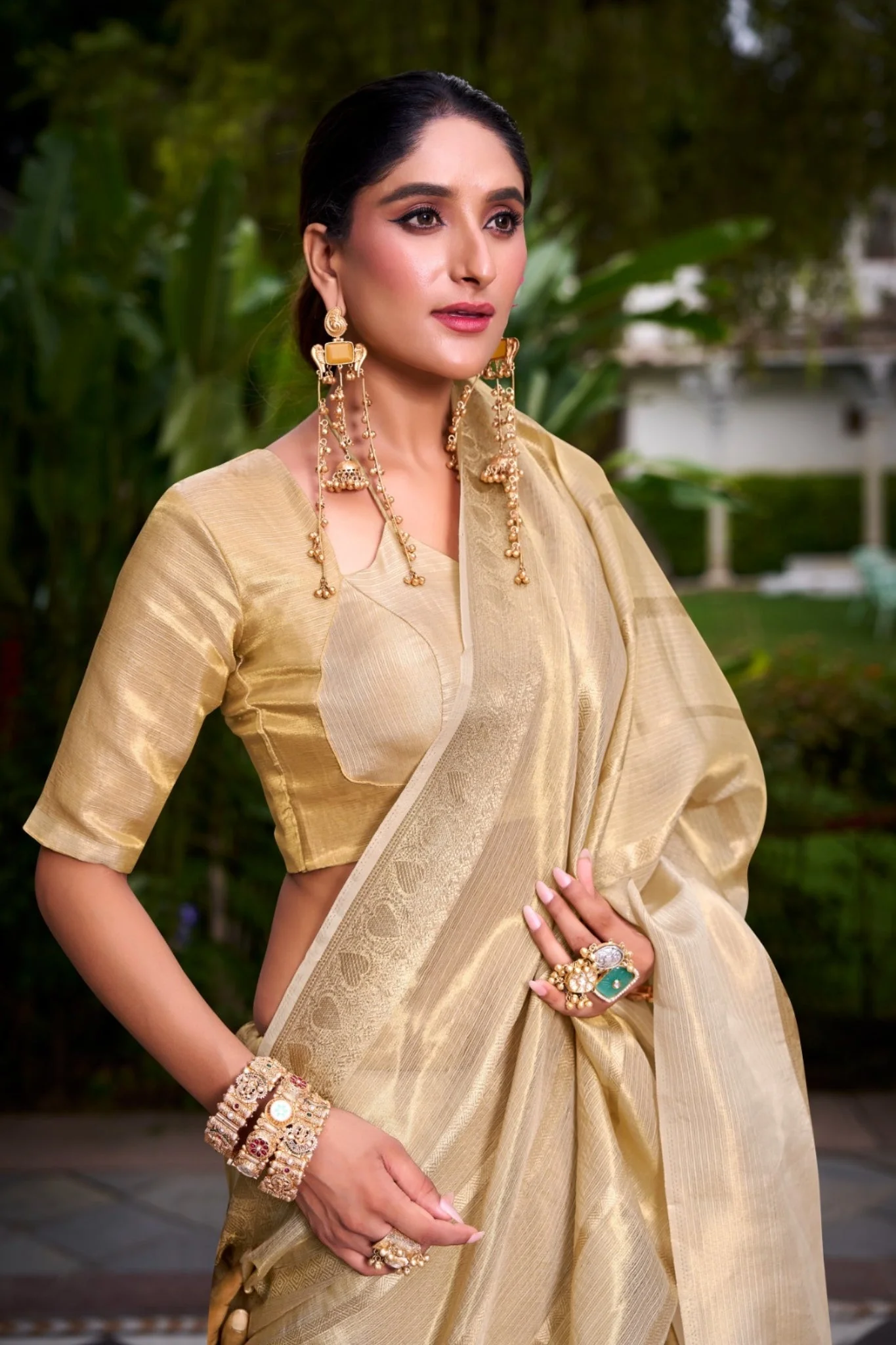 Gold Tissue Saree with Zari Weaving Explore Tulip Ethnic Collection - Image 3