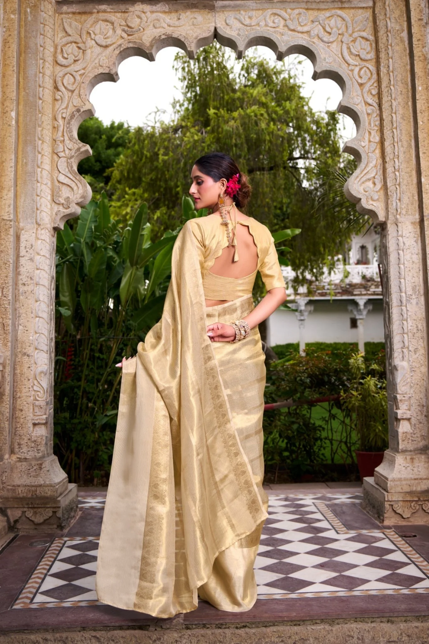 Gold Tissue Saree with Zari Weaving Explore Tulip Ethnic Collection - Image 4
