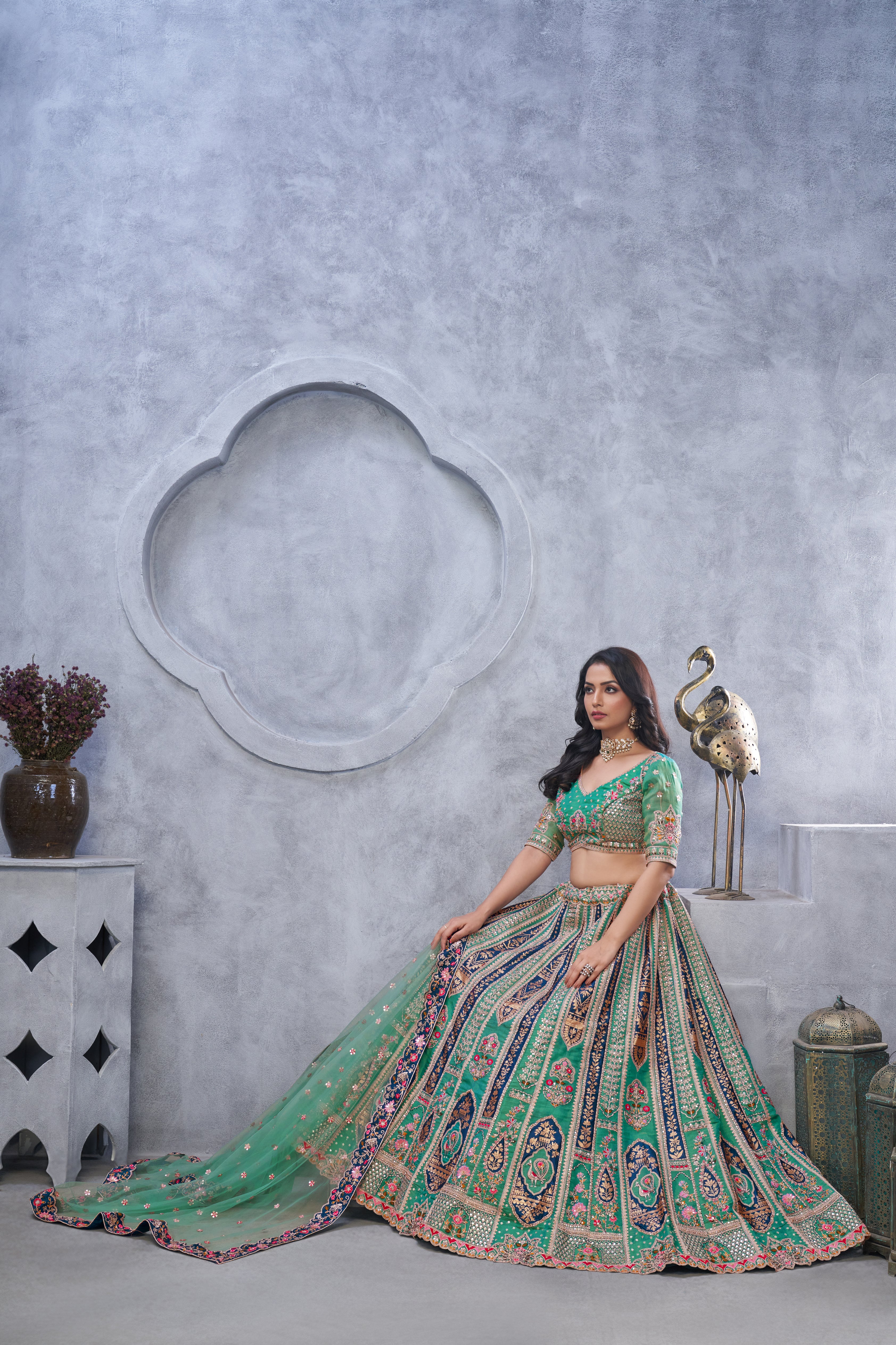 Green Banarasi Silk Temple Motif Bridal Lehenga Choli with Soft Net Dupatta - Image 2