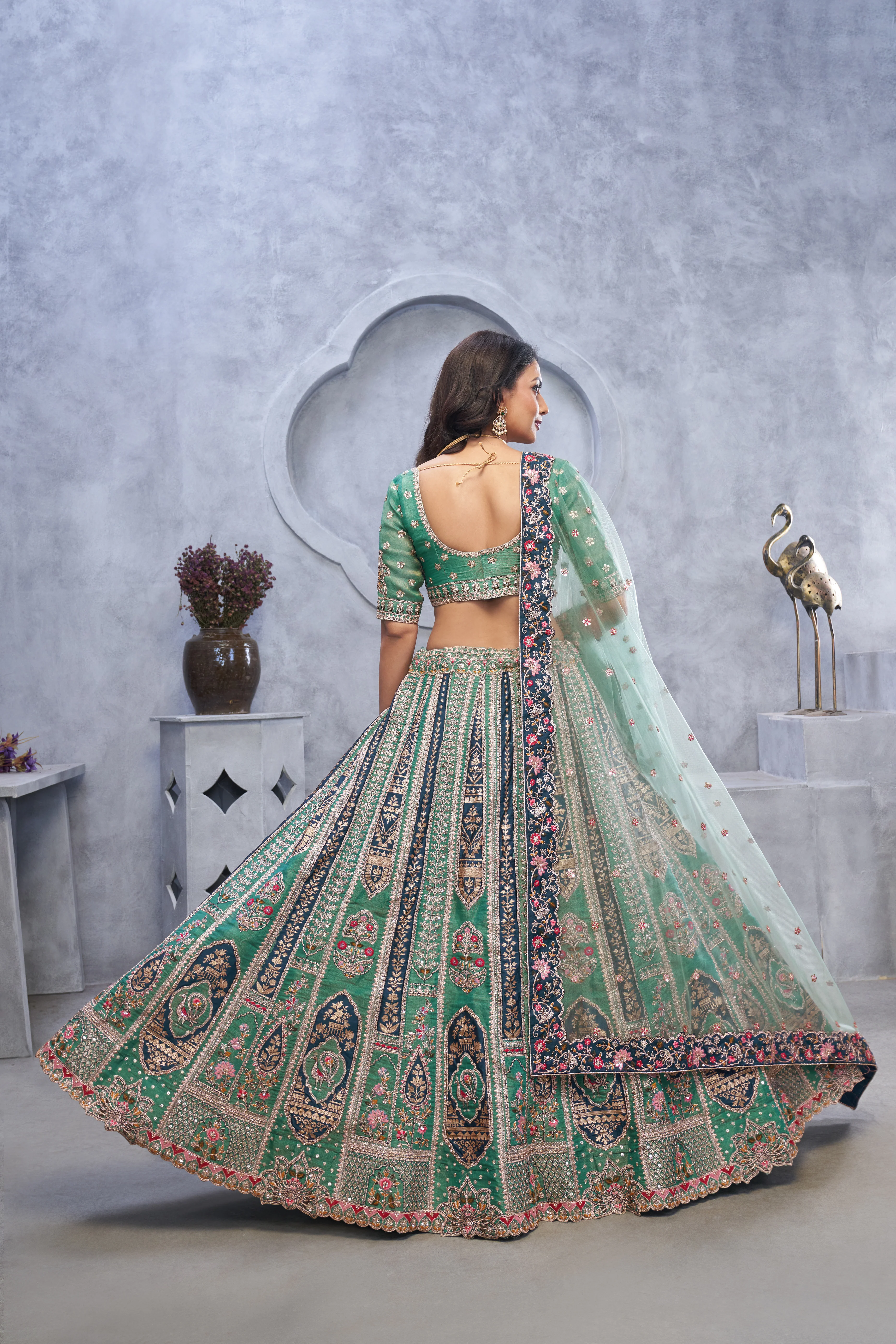 Green Banarasi Silk Temple Motif Bridal Lehenga Choli with Soft Net Dupatta - Image 4