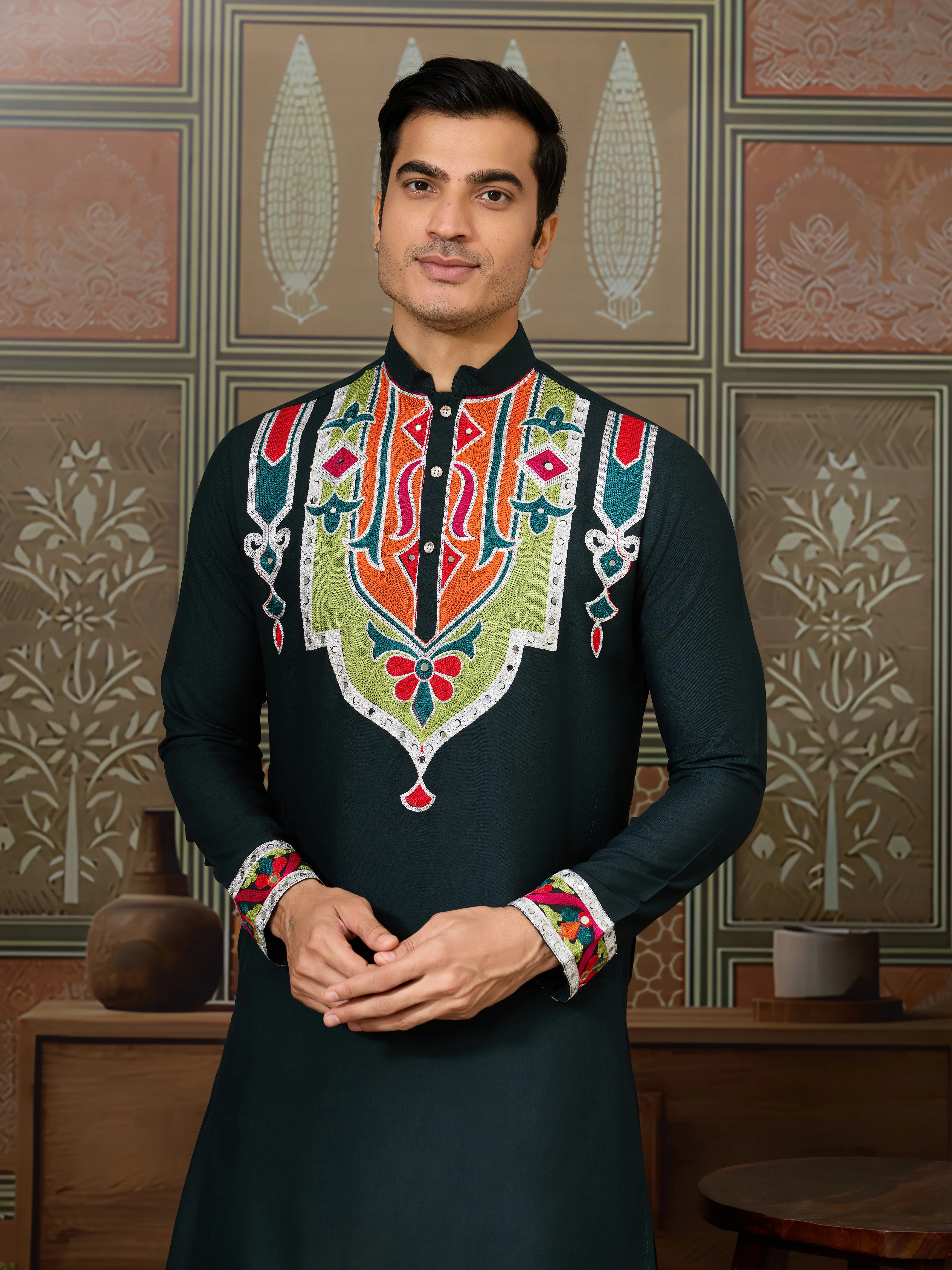 Green Embroidered Festival Wear Kurta for Men - Image 2