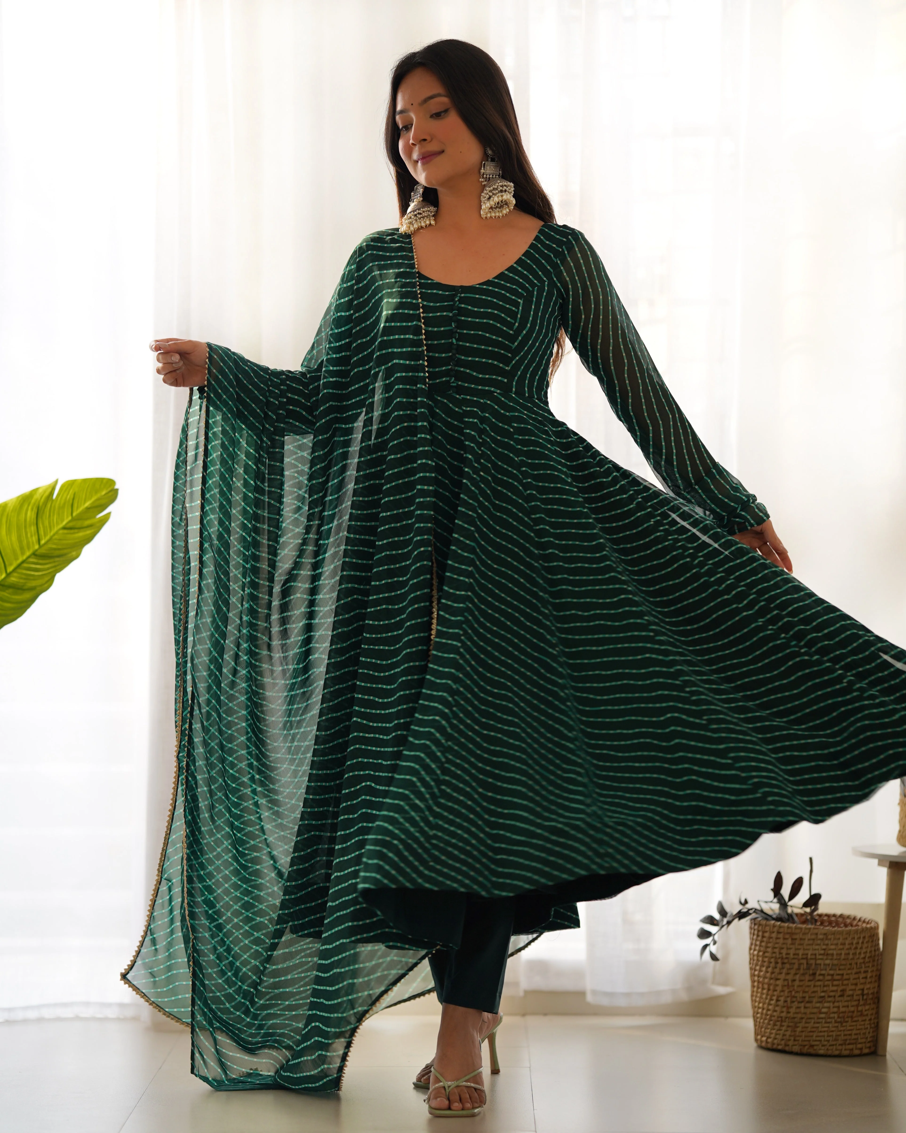 Green Pure Soft Faux Georgette Leheriya Anarkali Suit With Huge Flair Comes With Duppatta & Pant - Image 10
