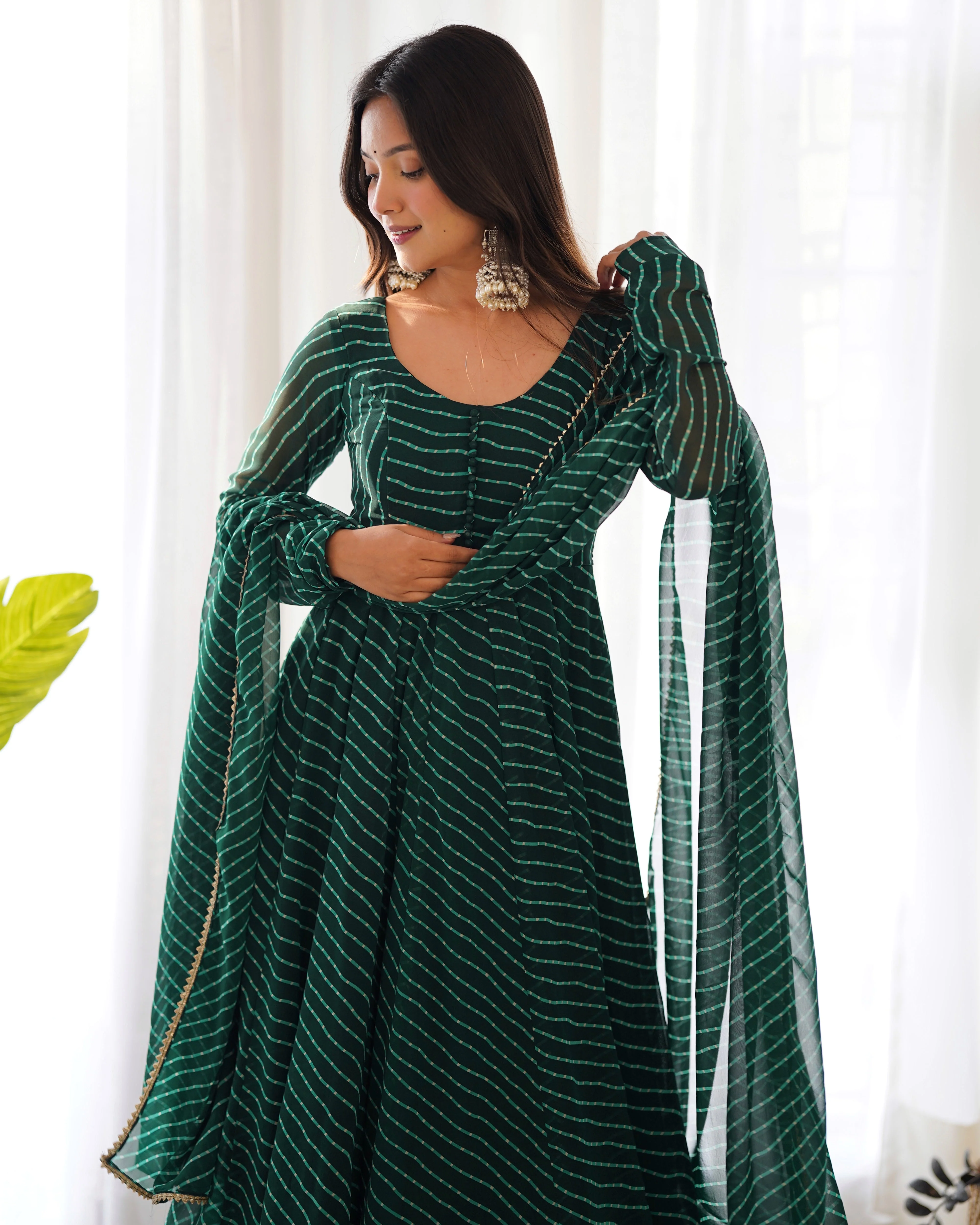 Green Pure Soft Faux Georgette Leheriya Anarkali Suit With Huge Flair Comes With Duppatta & Pant - Image 3