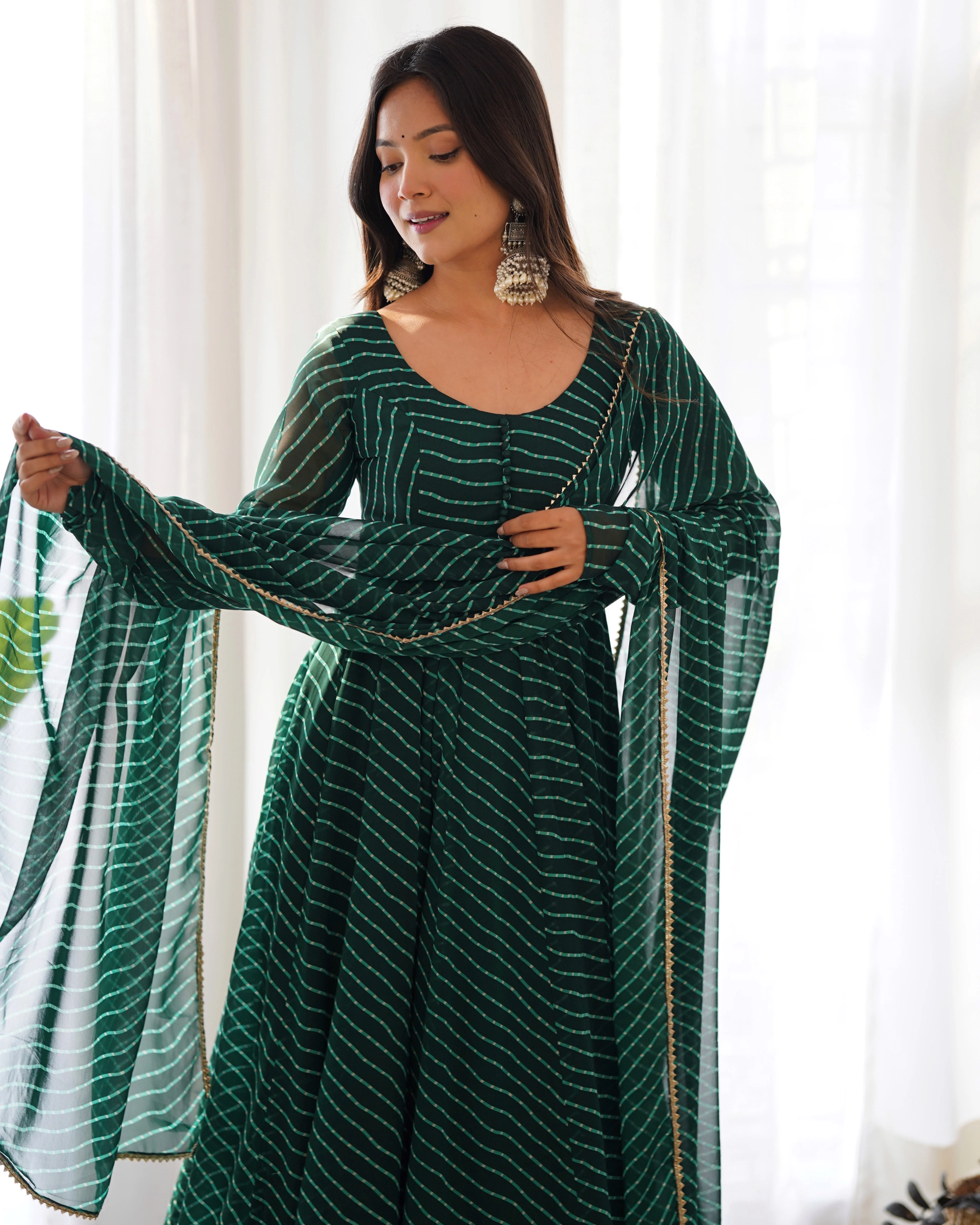Green Pure Soft Faux Georgette Leheriya Anarkali Suit With Huge Flair Comes With Duppatta & Pant - Image 4