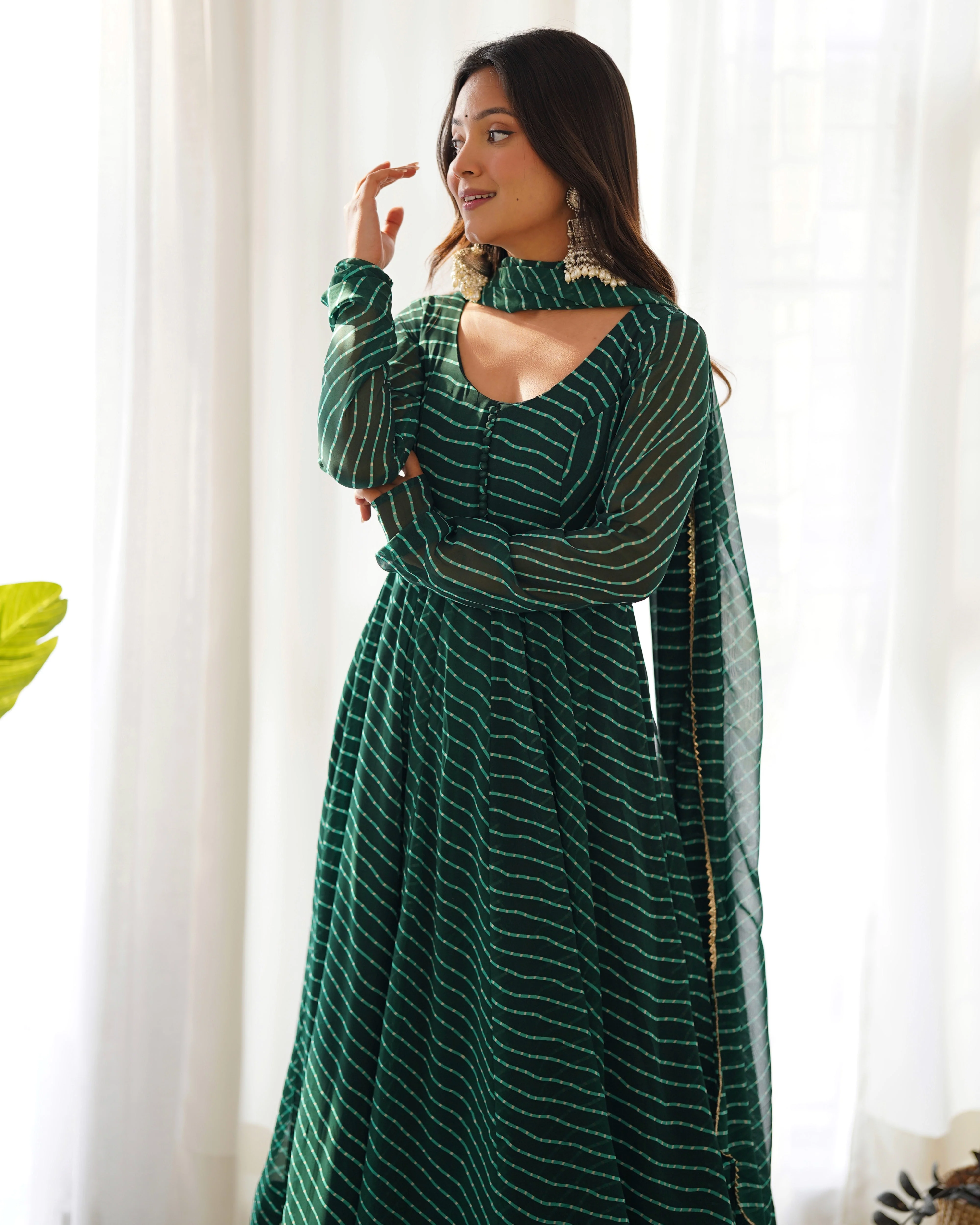 Green Pure Soft Faux Georgette Leheriya Anarkali Suit With Huge Flair Comes With Duppatta & Pant - Image 5