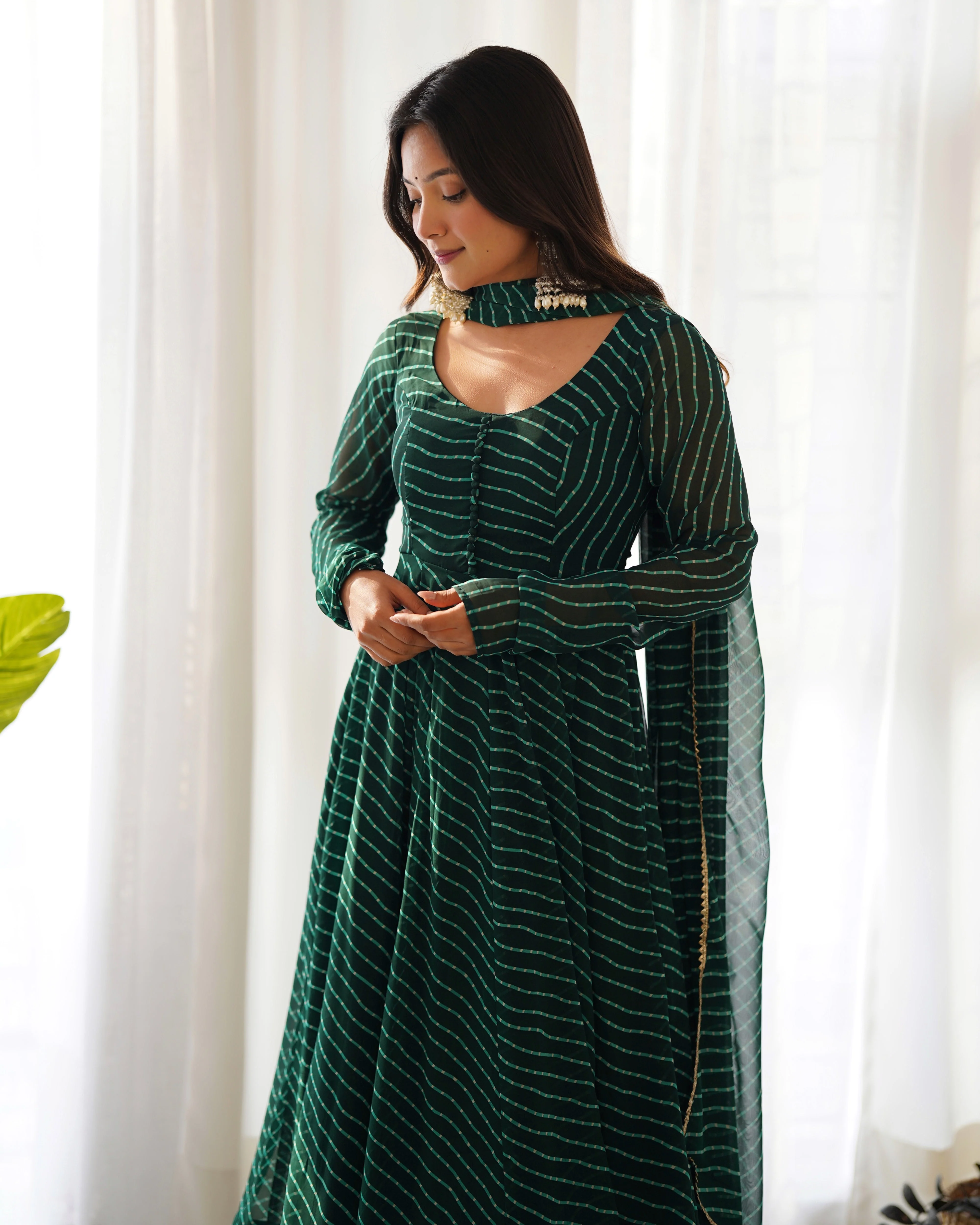 Green Pure Soft Faux Georgette Leheriya Anarkali Suit With Huge Flair Comes With Duppatta & Pant - Image 6