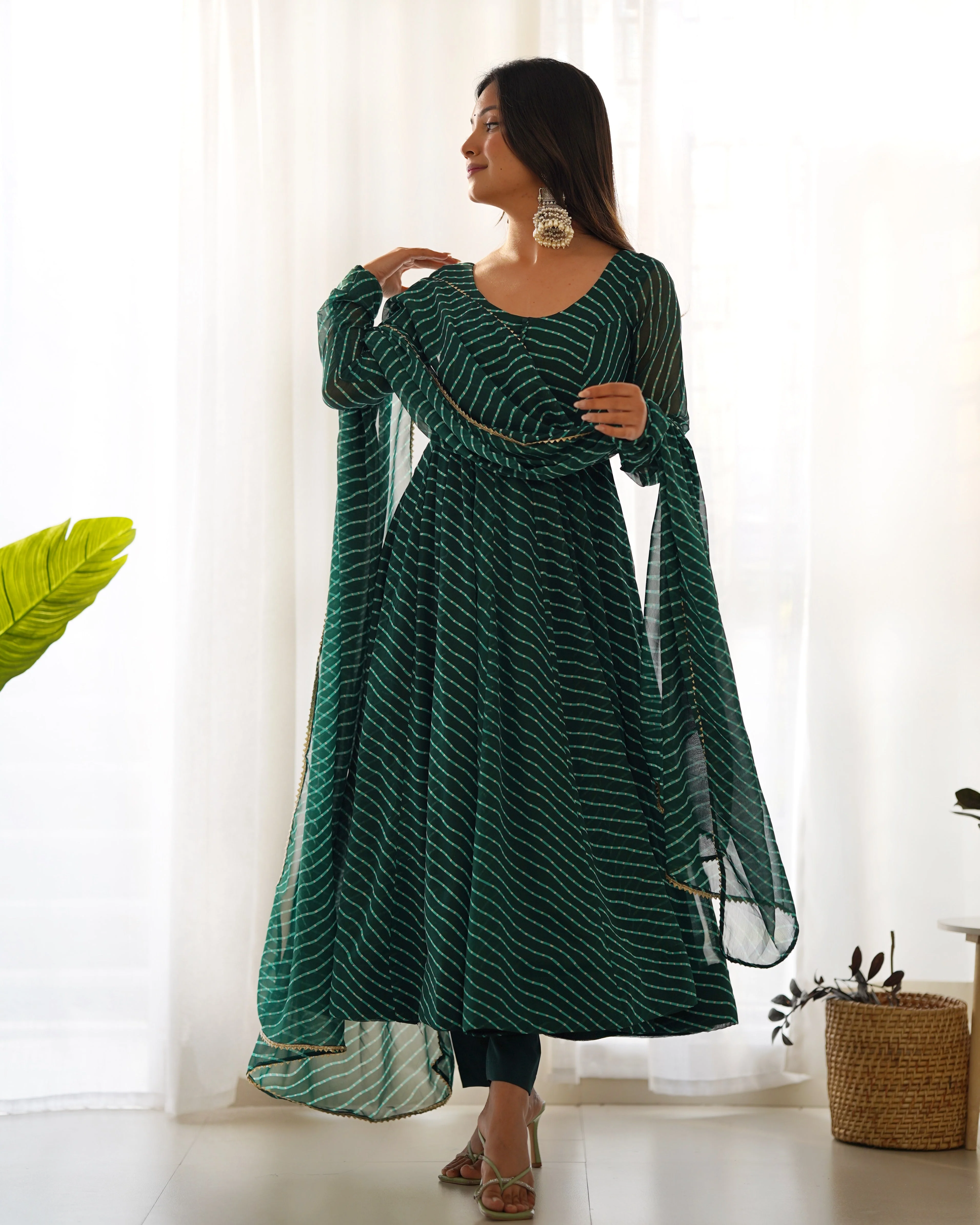 Green Pure Soft Faux Georgette Leheriya Anarkali Suit With Huge Flair Comes With Duppatta & Pant - Image 7