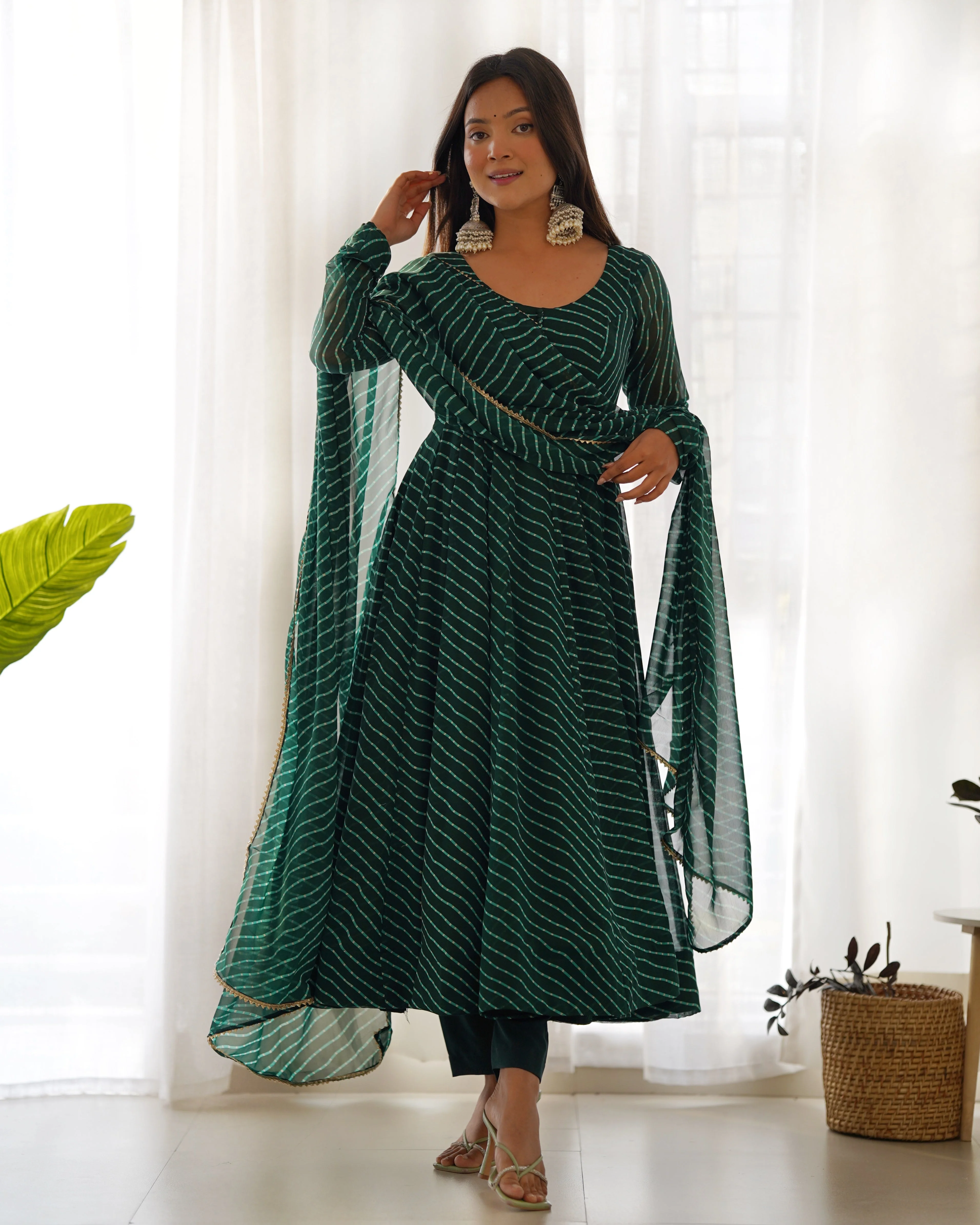 Green Pure Soft Faux Georgette Leheriya Anarkali Suit With Huge Flair Comes With Duppatta & Pant - Image 8