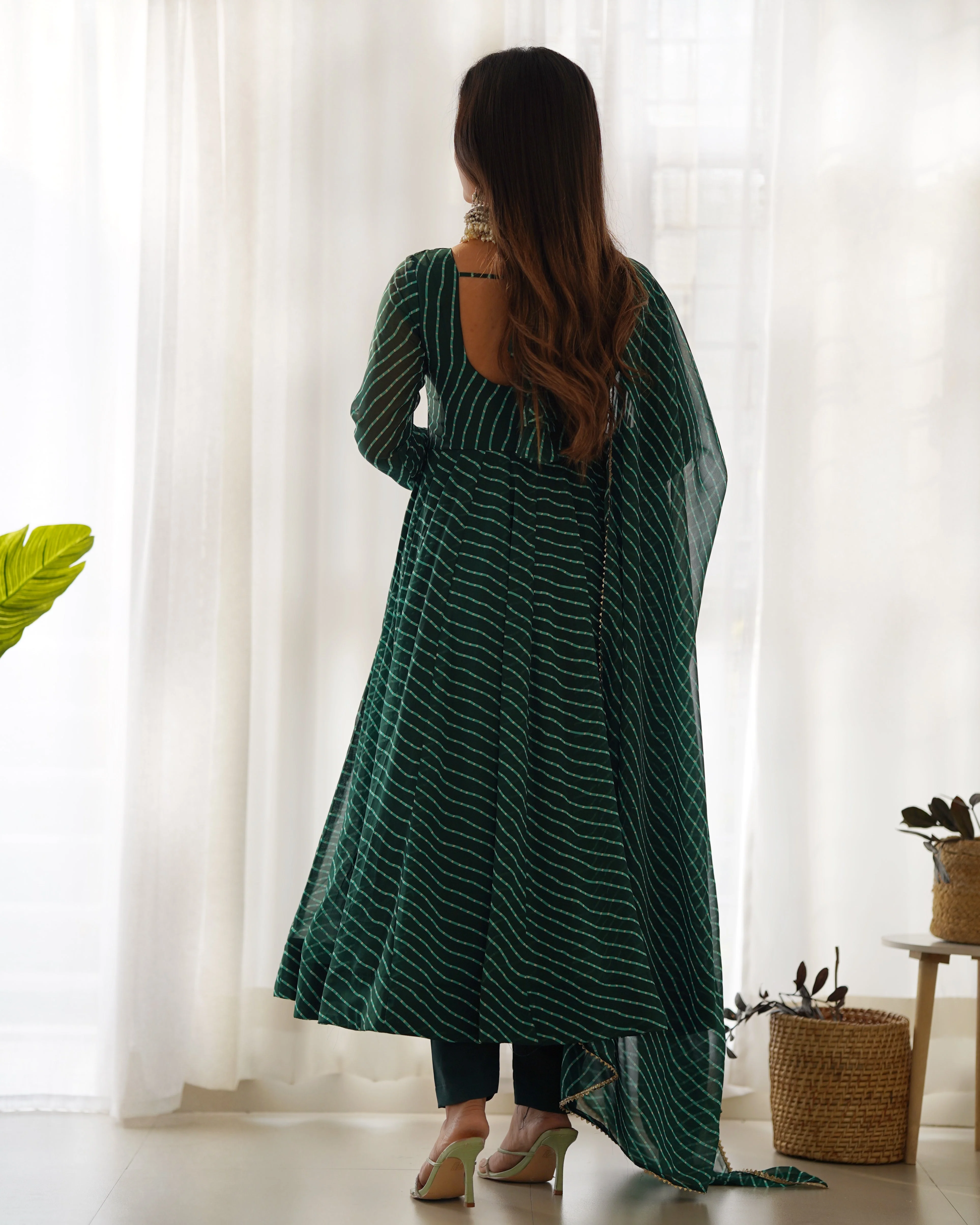 Green Pure Soft Faux Georgette Leheriya Anarkali Suit With Huge Flair Comes With Duppatta & Pant - Image 9