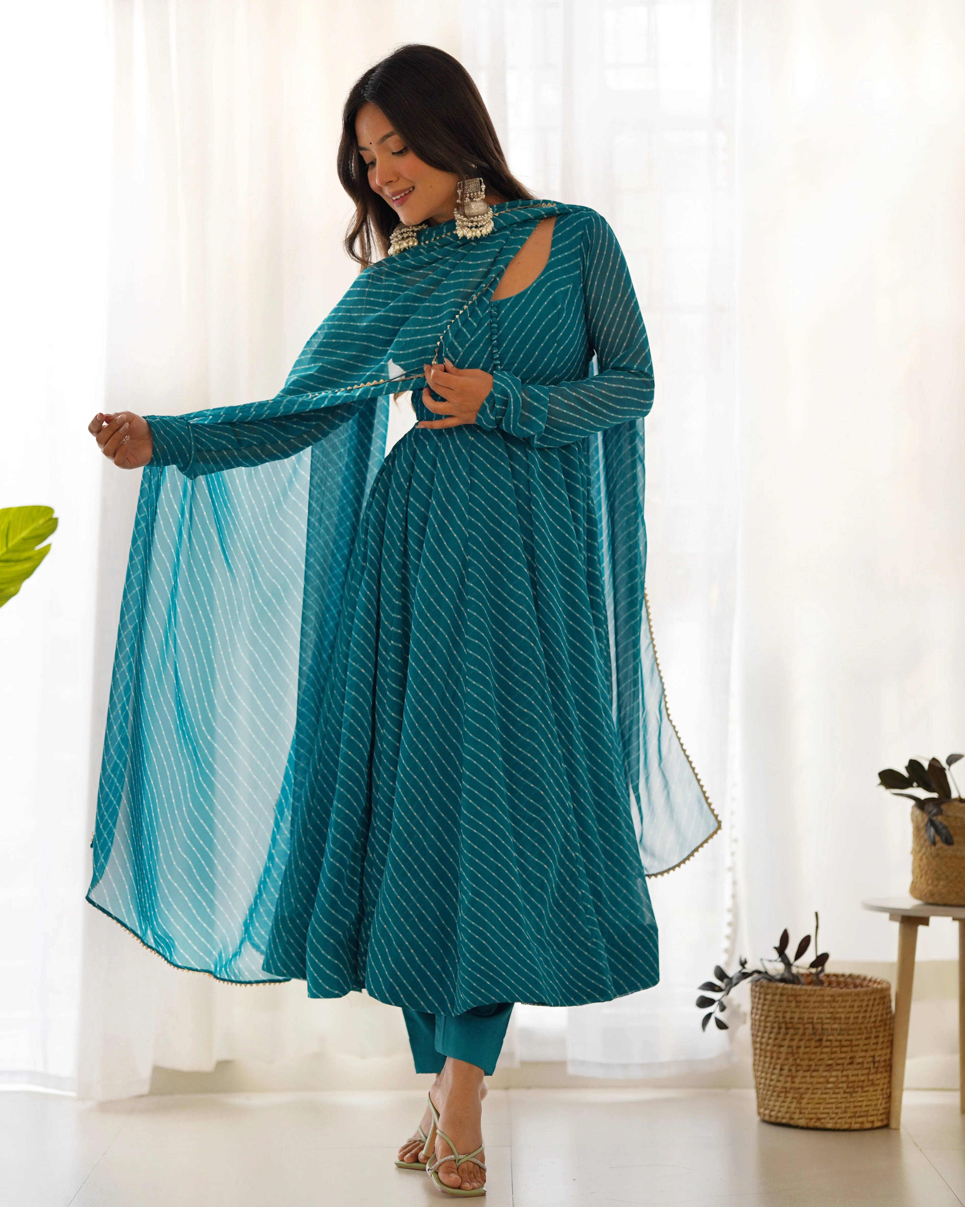 Rama Pure Soft Faux Georgette Leheriya Anarkali Suit With Huge Flair Comes With Duppatta & Pant Rama - Image 3