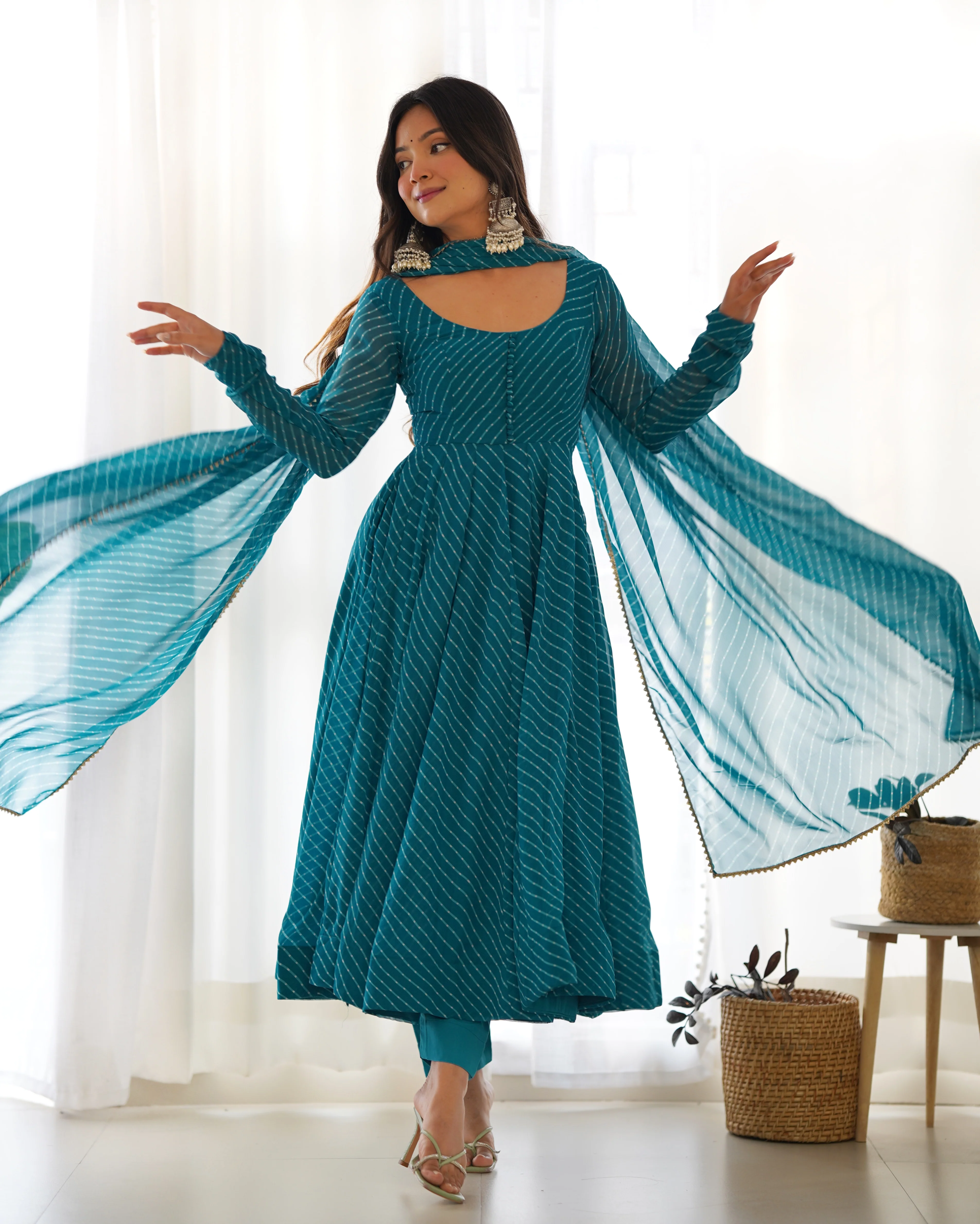 Rama Pure Soft Faux Georgette Leheriya Anarkali Suit With Huge Flair Comes With Duppatta & Pant Rama - Image 4