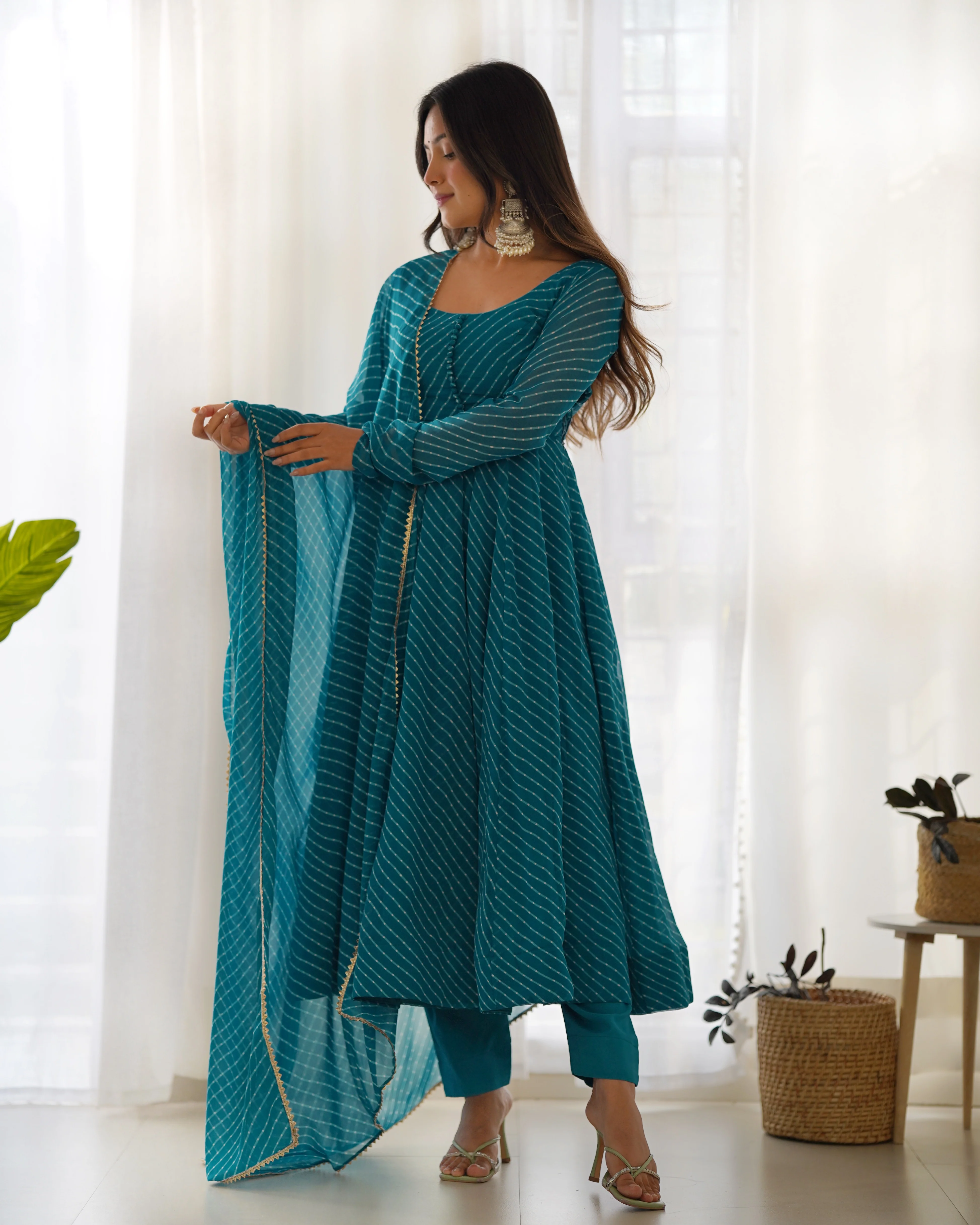 Rama Pure Soft Faux Georgette Leheriya Anarkali Suit With Huge Flair Comes With Duppatta & Pant Rama - Image 5