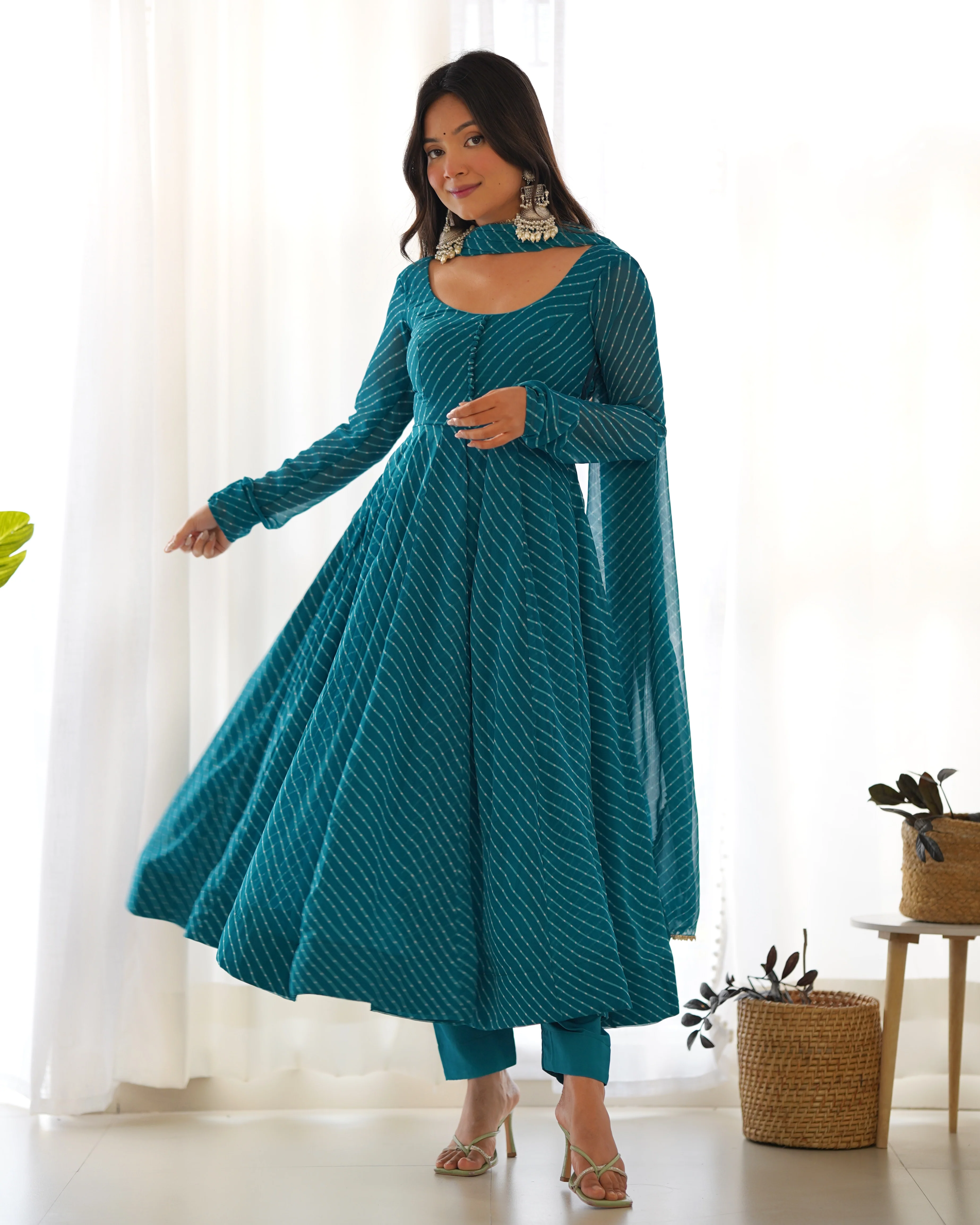 Rama Pure Soft Faux Georgette Leheriya Anarkali Suit With Huge Flair Comes With Duppatta & Pant Rama - Image 7