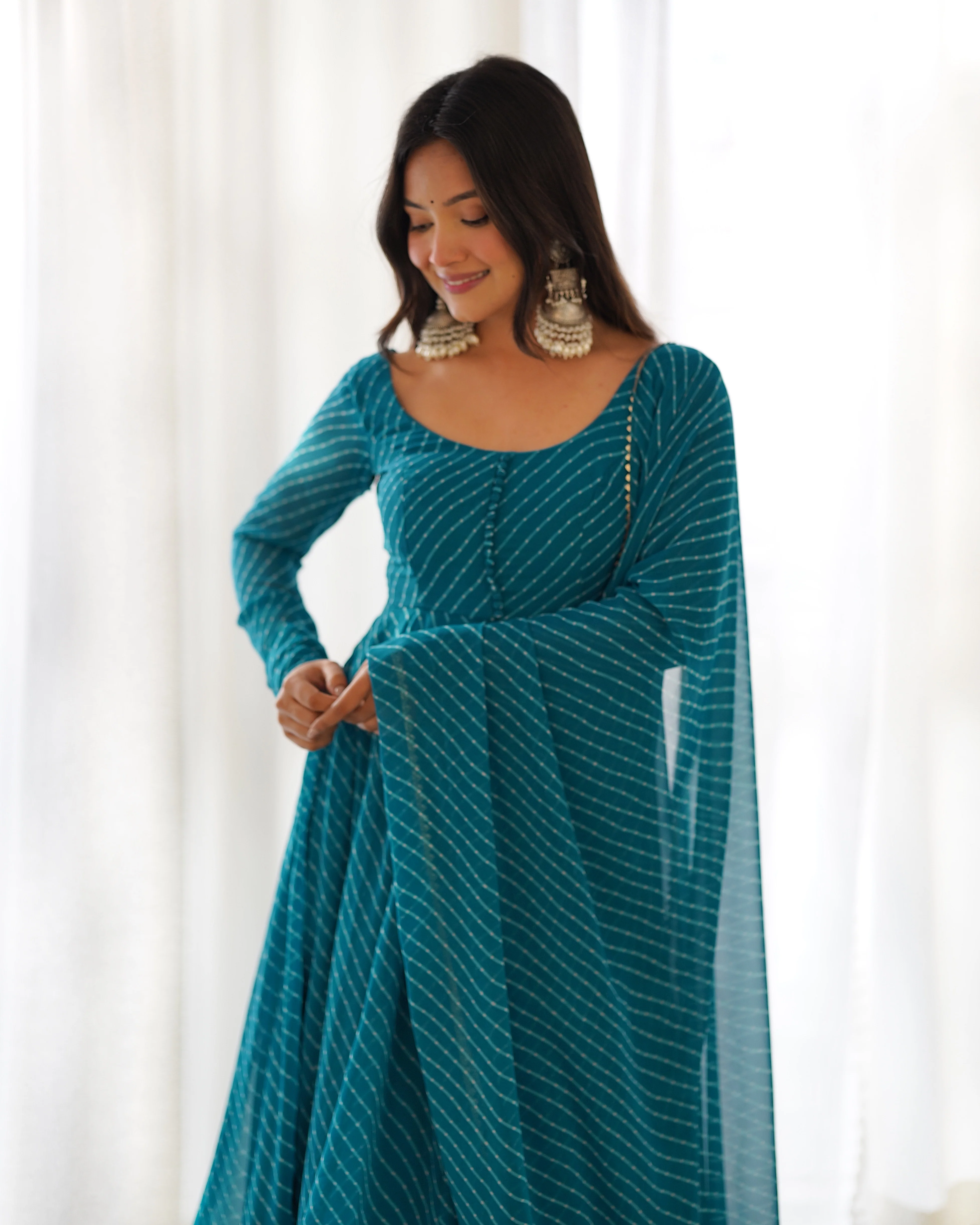 Rama Pure Soft Faux Georgette Leheriya Anarkali Suit With Huge Flair Comes With Duppatta & Pant Rama - Image 8