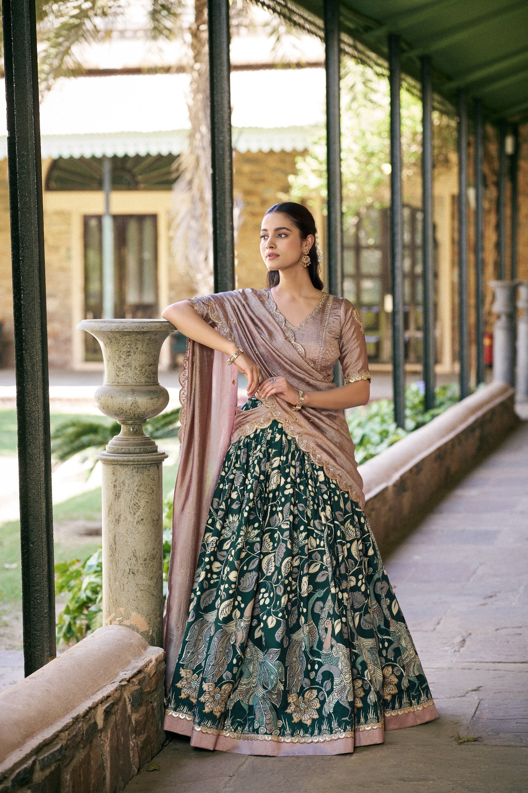 Green Tasar Silk Kalamkari Lehenga Choli with Embroidered Dupatta