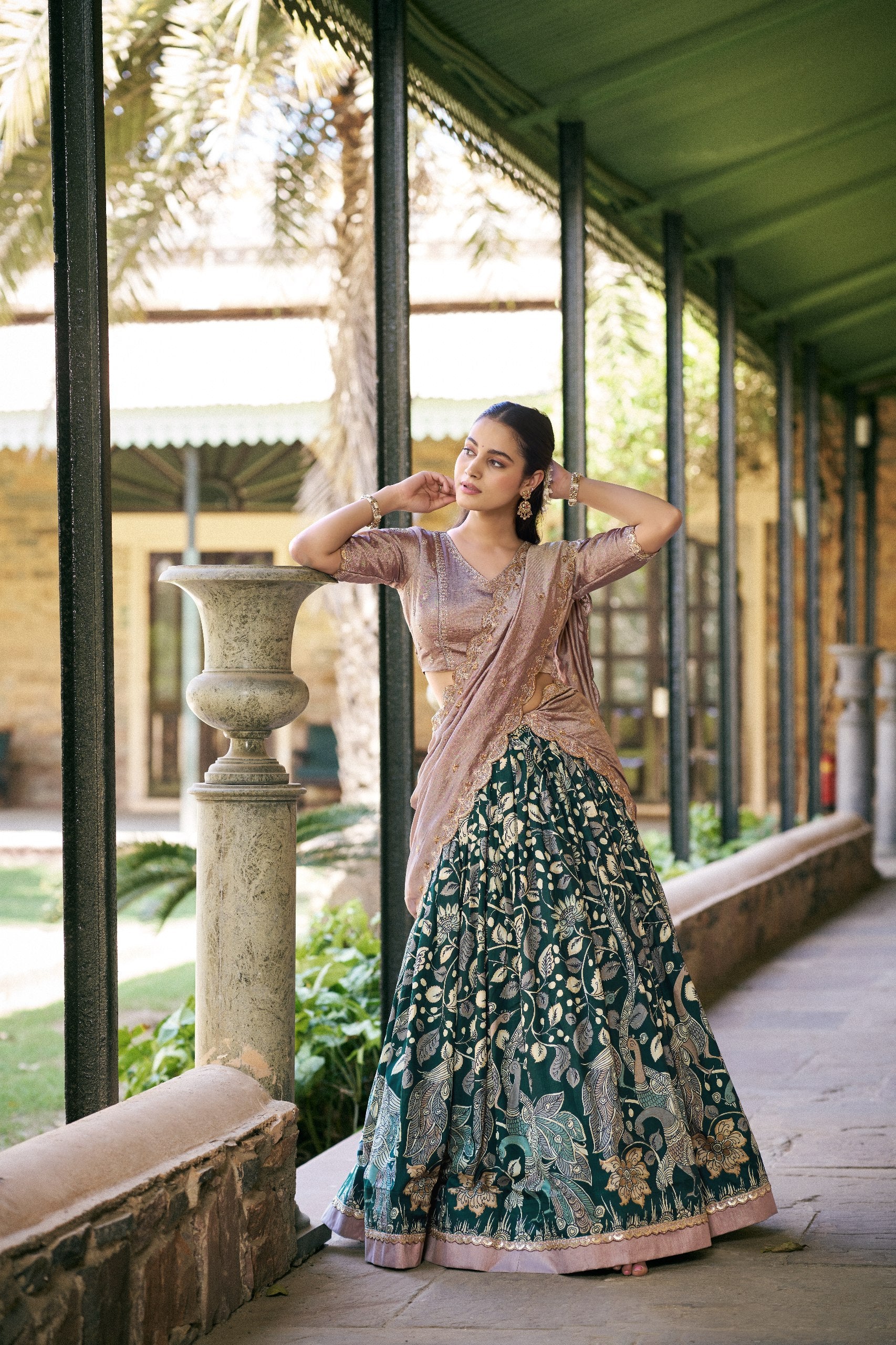 Green Tasar Silk Kalamkari Lehenga Choli with Embroidered Dupatta - Image 3
