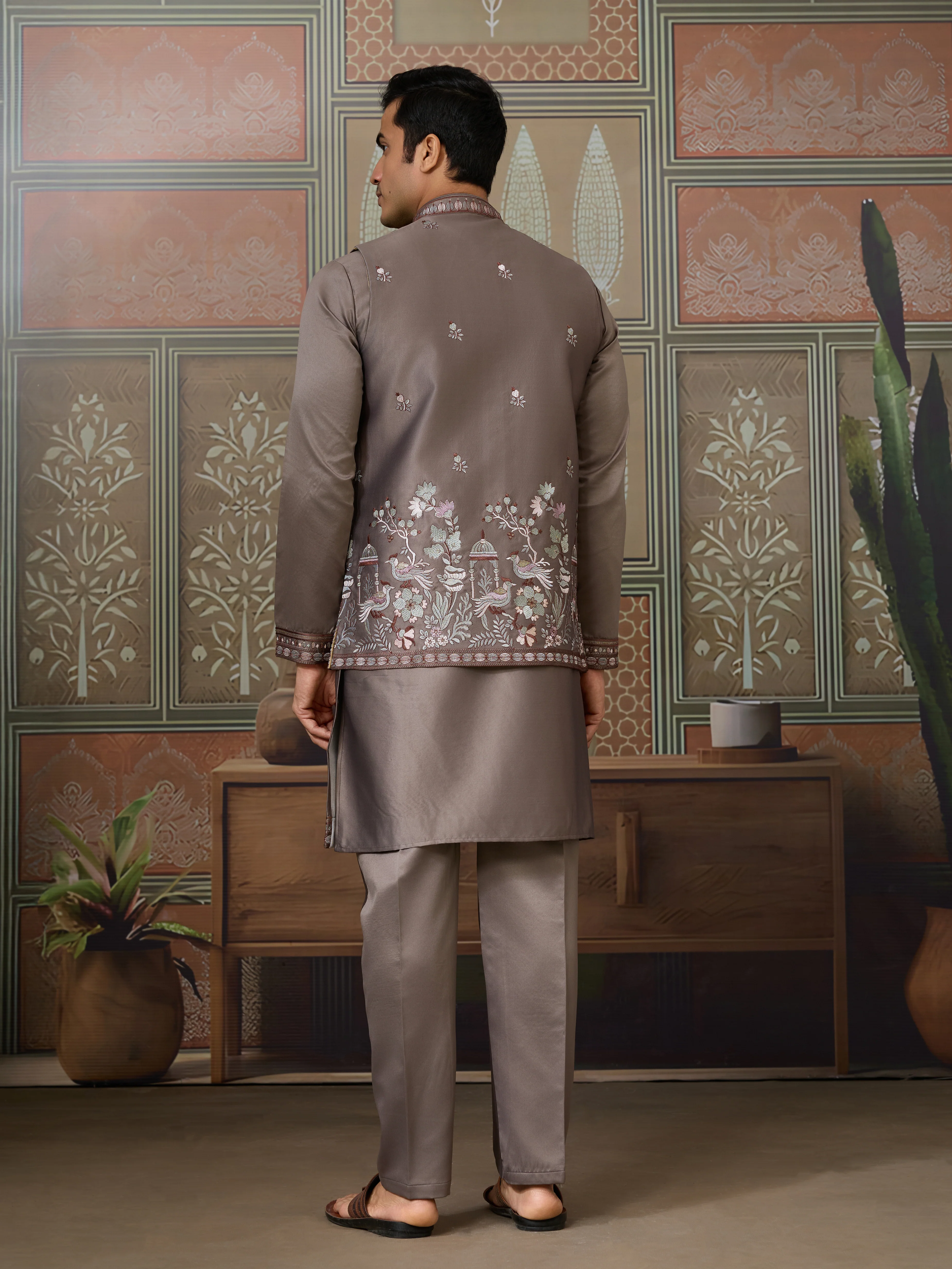 Grey Embroidered Koti Kurta Set for Mens Wear - Image 6