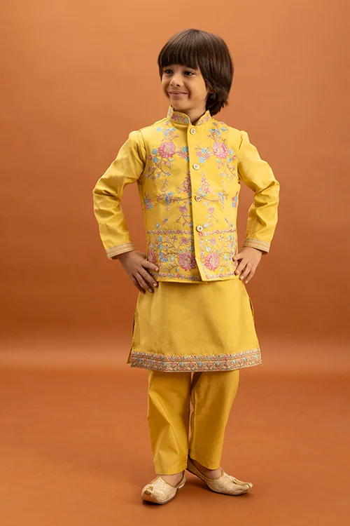 Haldi Celebration Kids Wear Yellow Kurta Pajama with Koti - Image 3