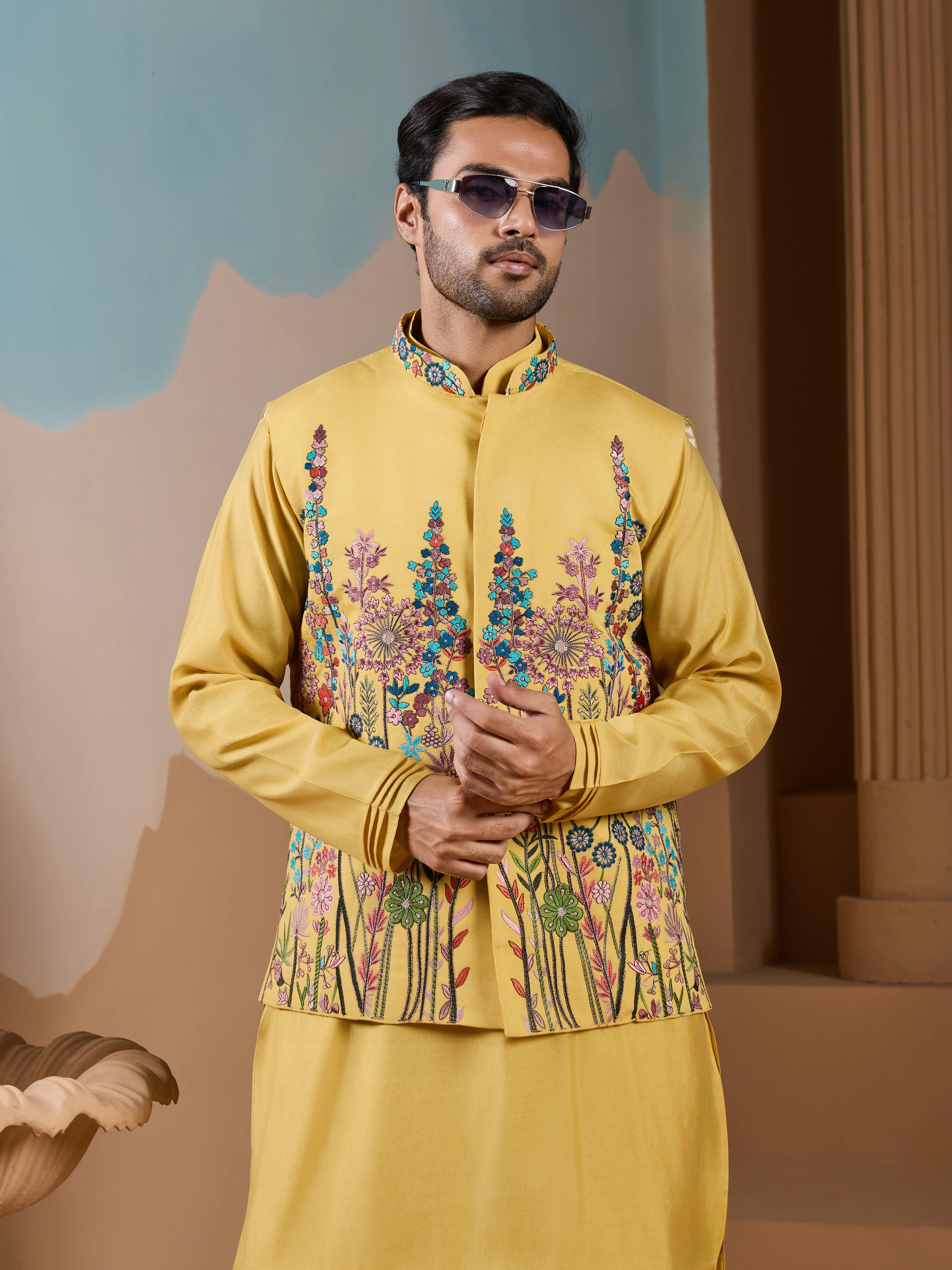 Haldi Ceremony Yellow Embroidered Koti Kurta Set for Mens - Image 2