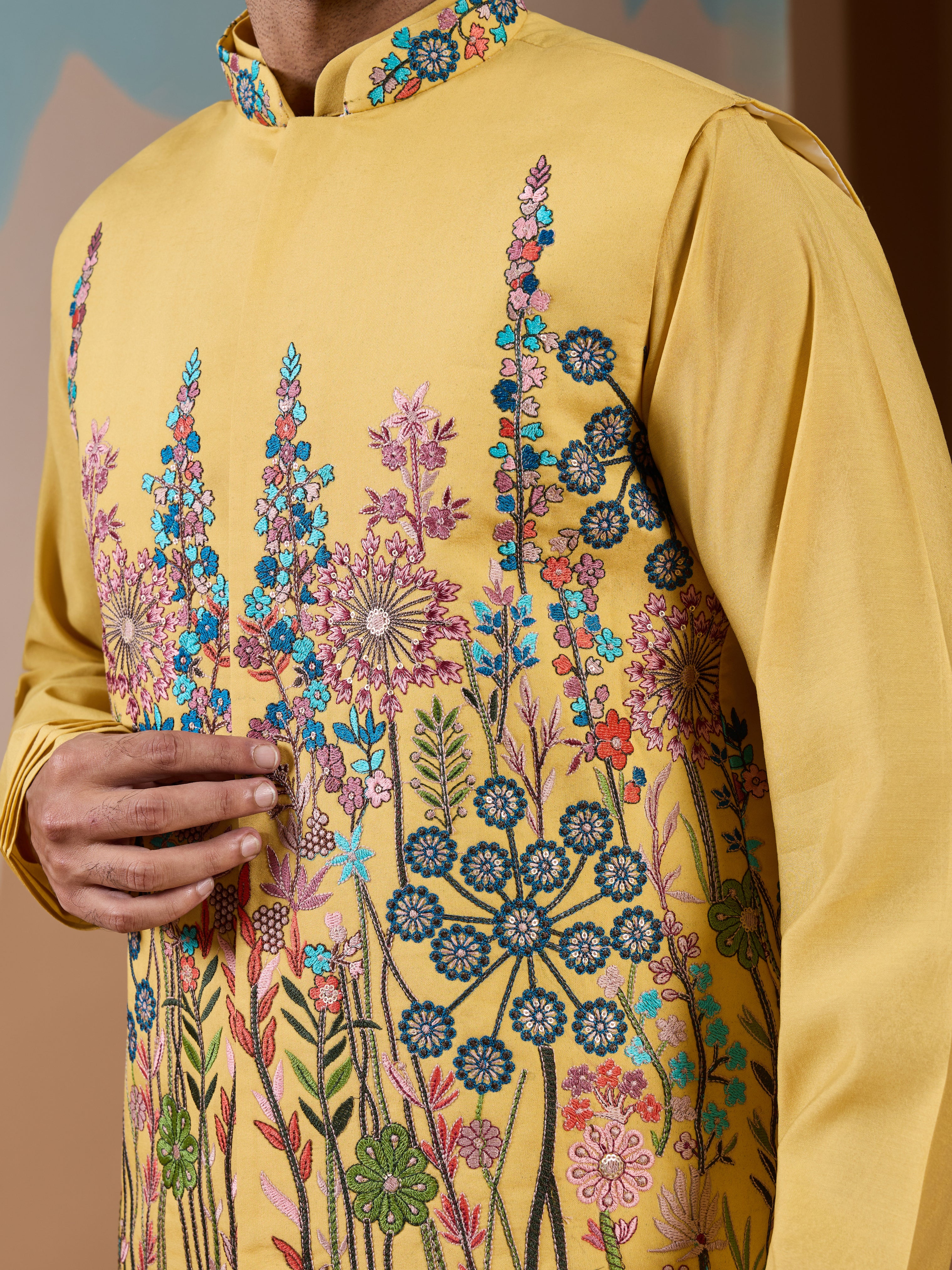 Haldi Ceremony Yellow Embroidered Koti Kurta Set for Mens - Image 3