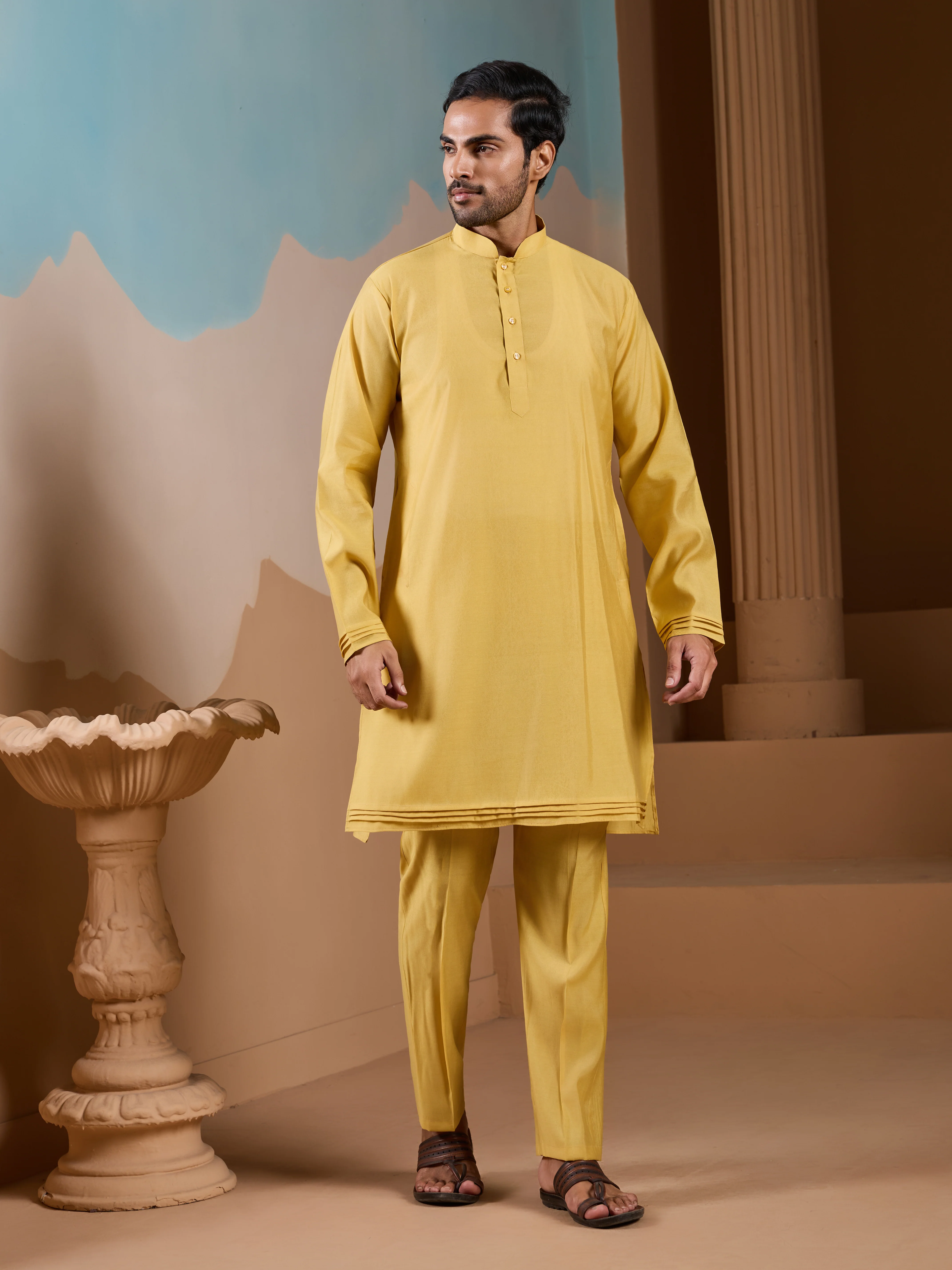 Haldi Ceremony Yellow Embroidered Koti Kurta Set for Mens - Image 4