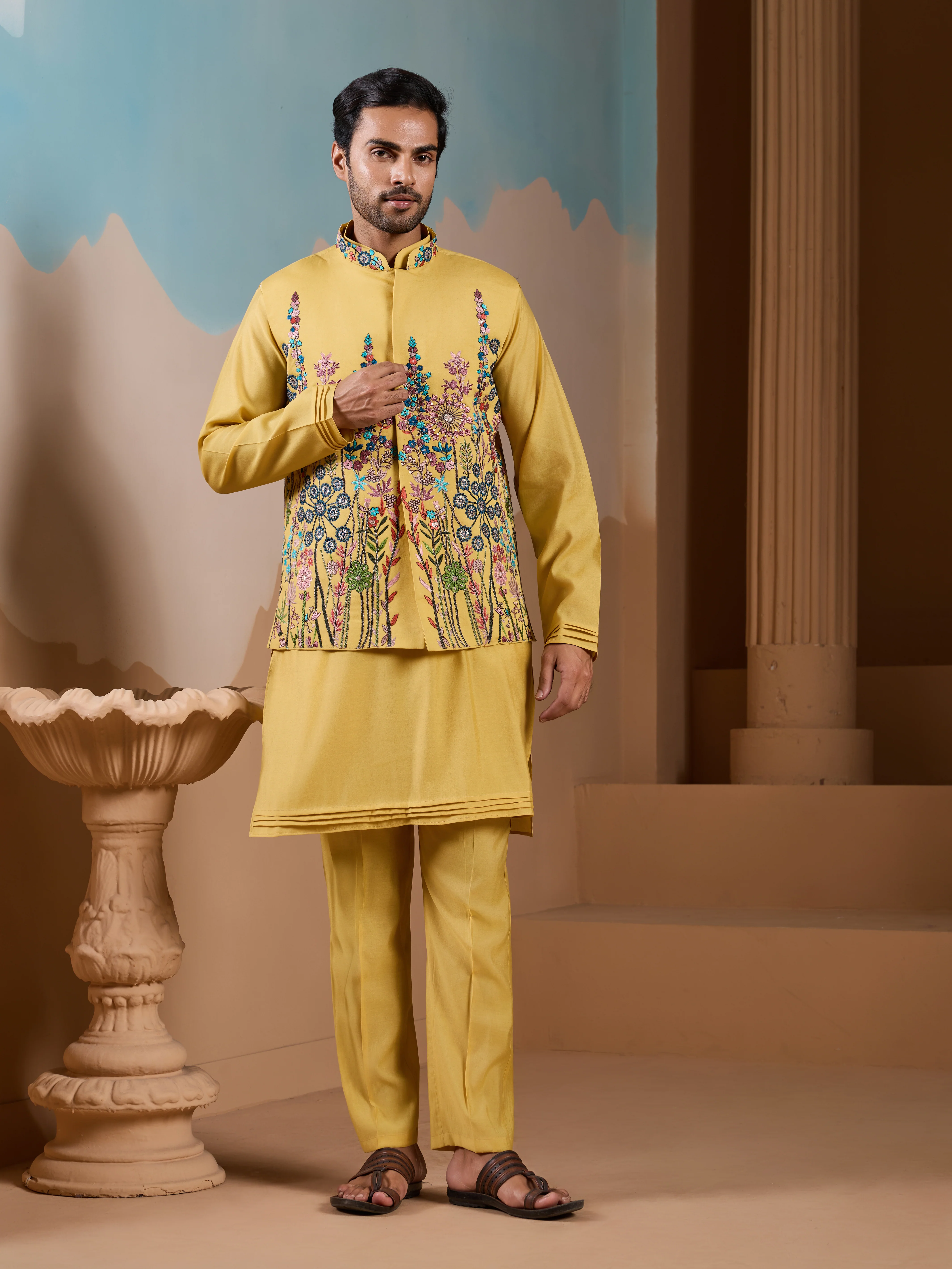 Haldi Ceremony Yellow Embroidered Koti Kurta Set for Mens - Image 5