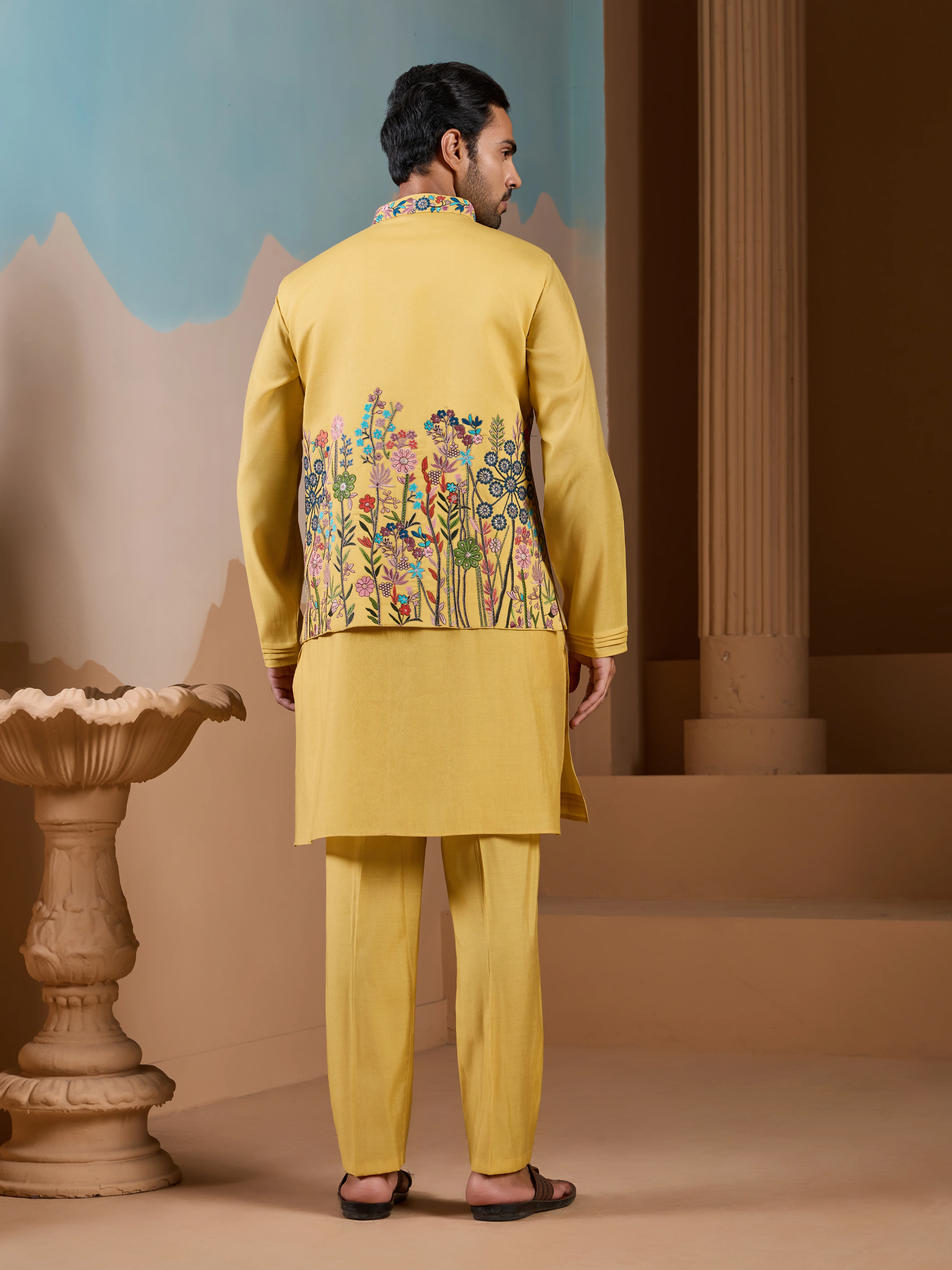 Haldi Ceremony Yellow Embroidered Koti Kurta Set for Mens - Image 6