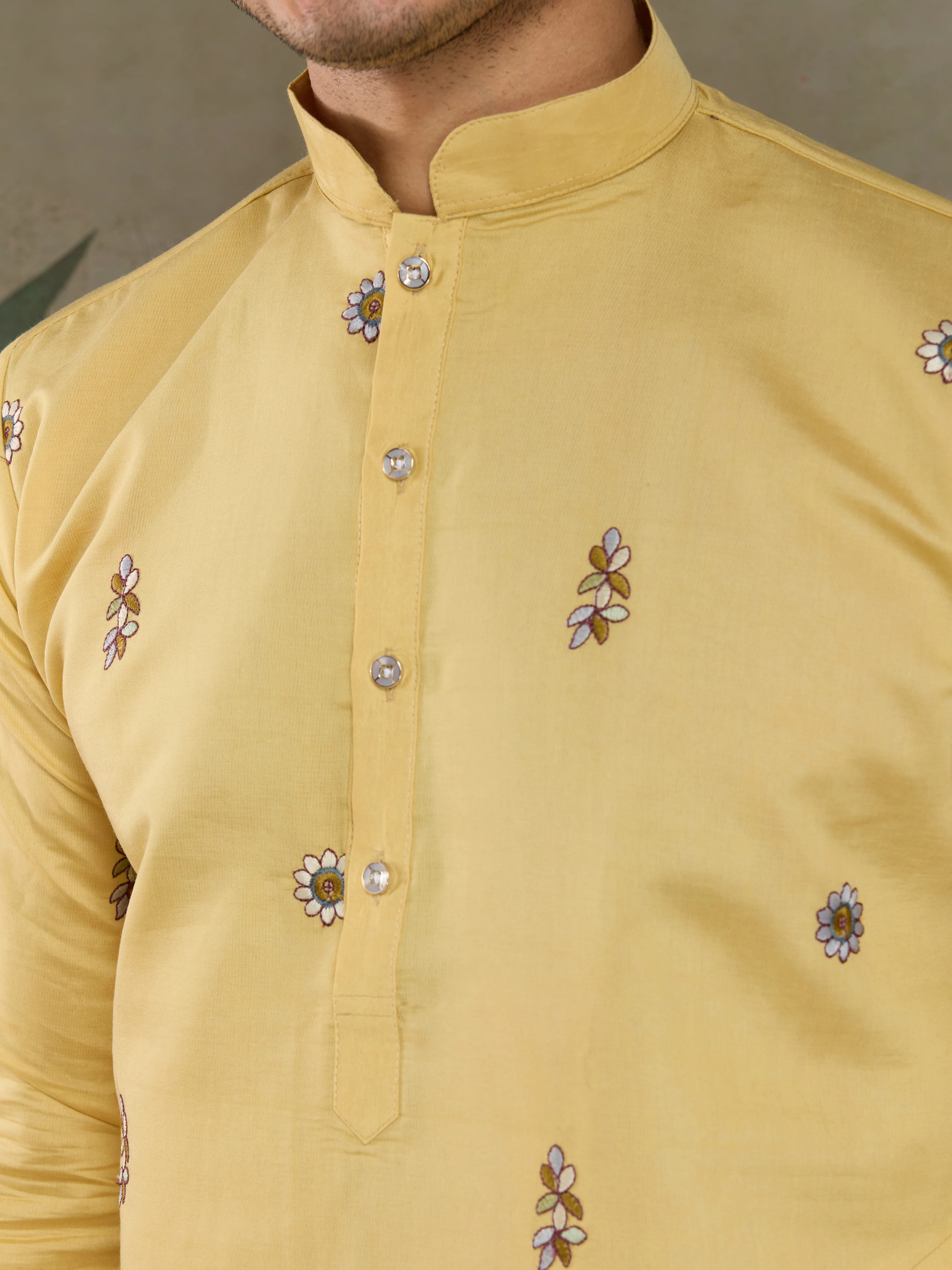Haldi Special Yellow Embroidered Kurta Pajama Set for Men - Image 3