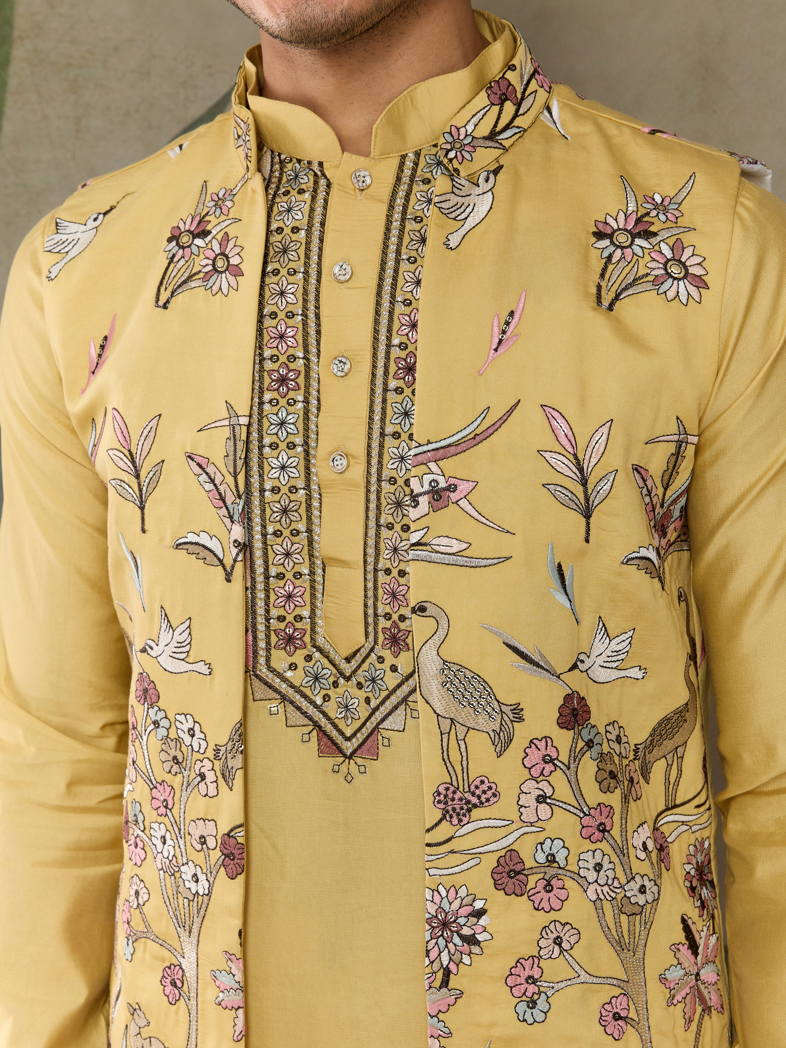 Haldi Special Yellow Kurta Pajama with Open Jacket for Men - Image 3
