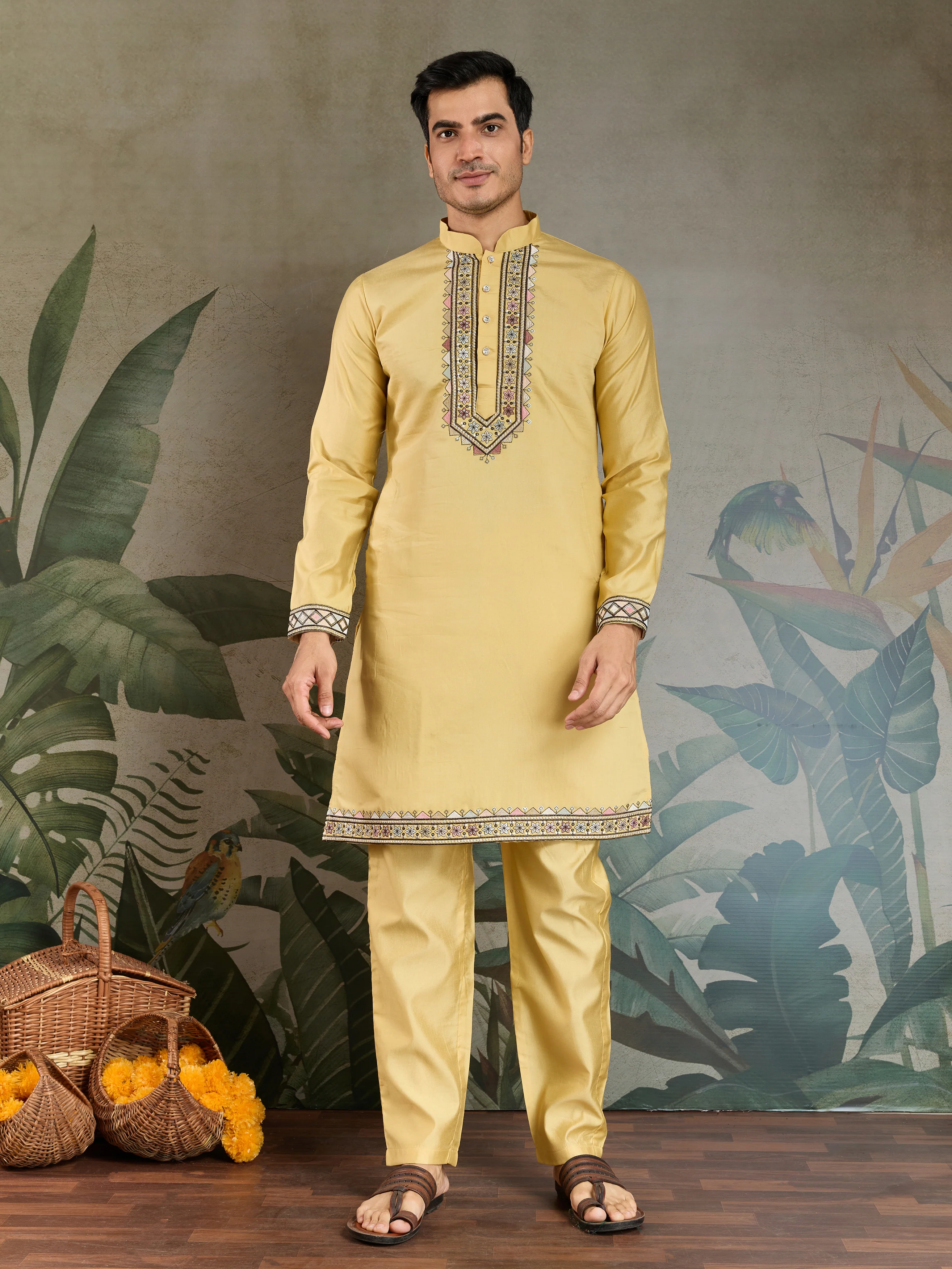 Haldi Special Yellow Kurta Pajama with Open Jacket for Men - Image 4