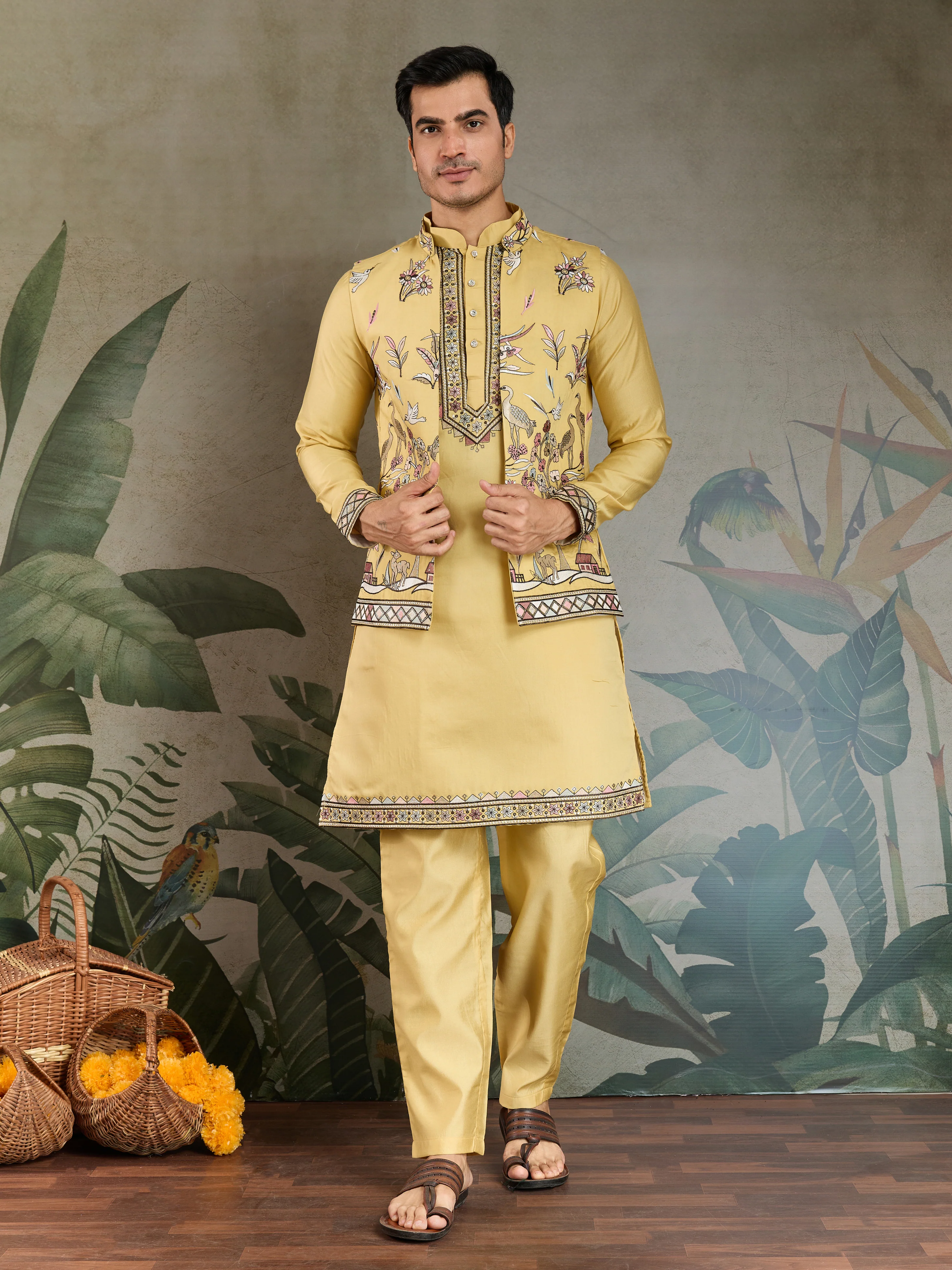 Haldi Special Yellow Kurta Pajama with Open Jacket for Men - Image 5