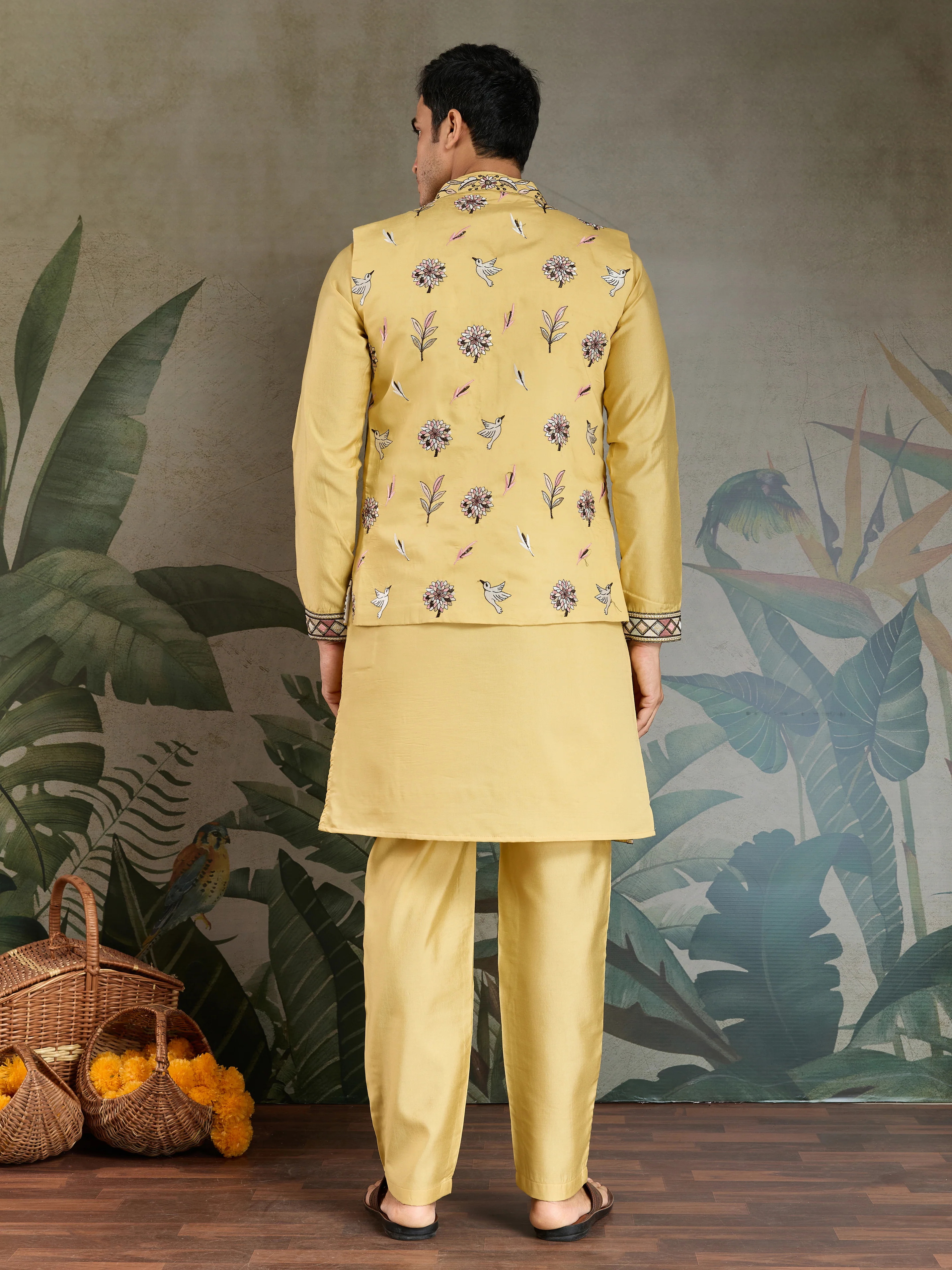 Haldi Special Yellow Kurta Pajama with Open Jacket for Men - Image 6