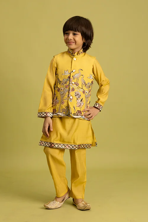 Haldi Yellow Koti Kurta Set for Kids Festival Wear - Image 3