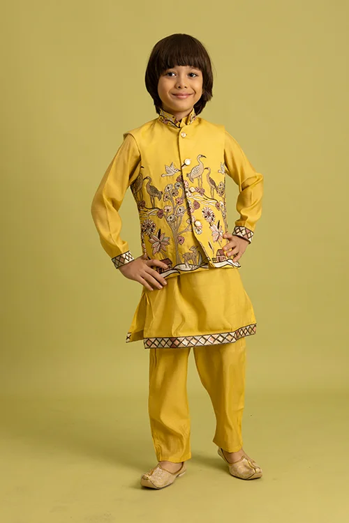 Haldi Yellow Koti Kurta Set for Kids Festival Wear - Image 4
