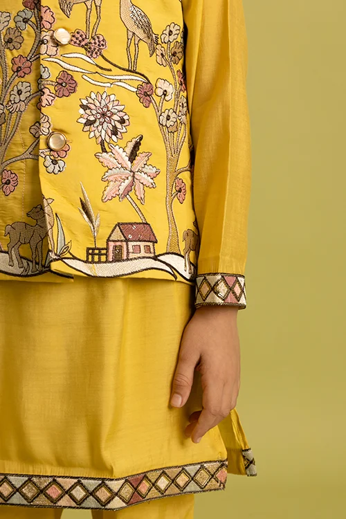 Haldi Yellow Koti Kurta Set for Kids Festival Wear - Image 5