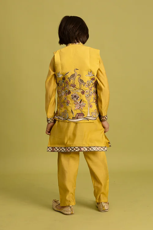 Haldi Yellow Koti Kurta Set for Kids Festival Wear - Image 6