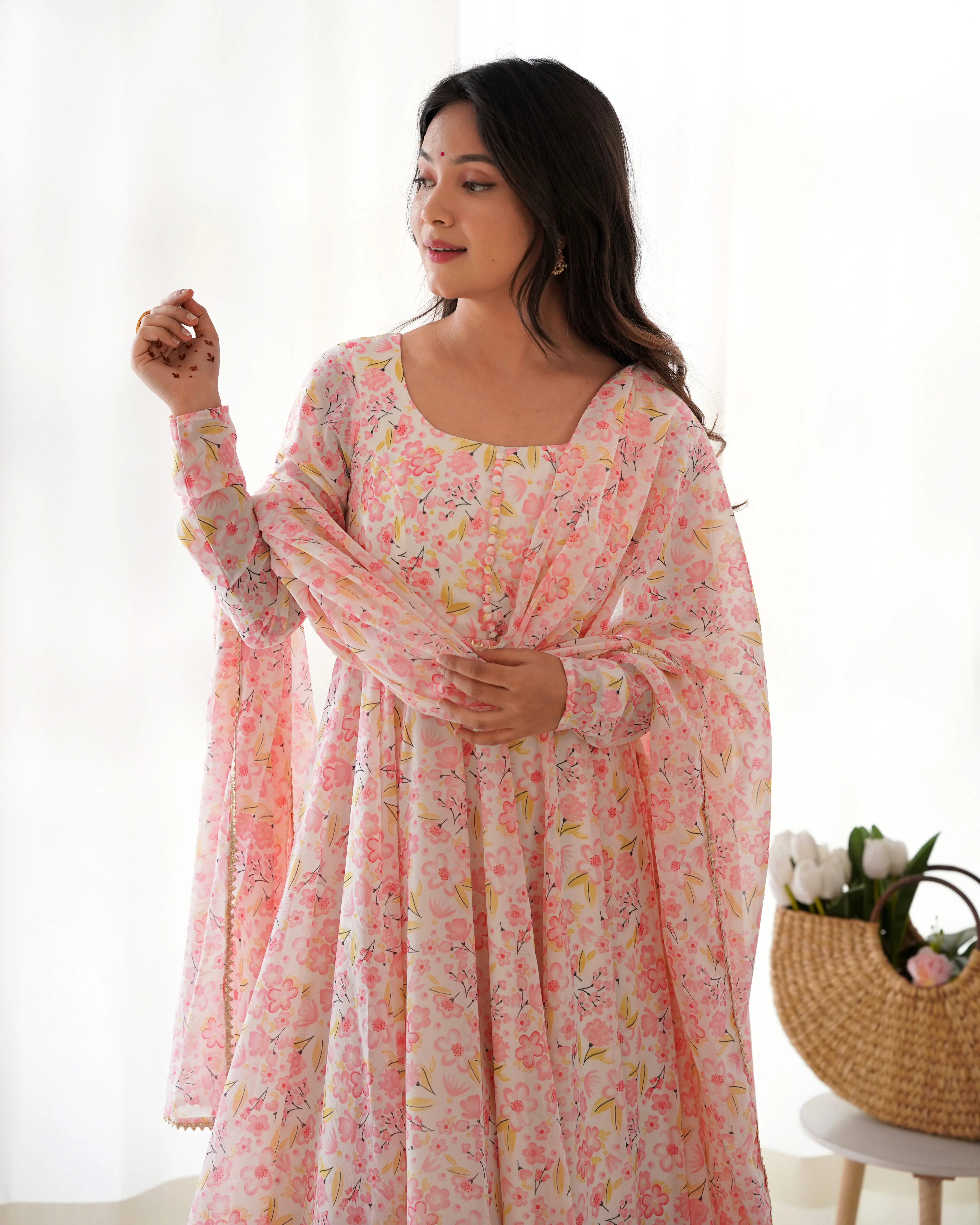 Heavy Chiffon Floral Print Fancy Neck Potli Button Design with Chudidar Sleeves Anarkali Set - Orange
