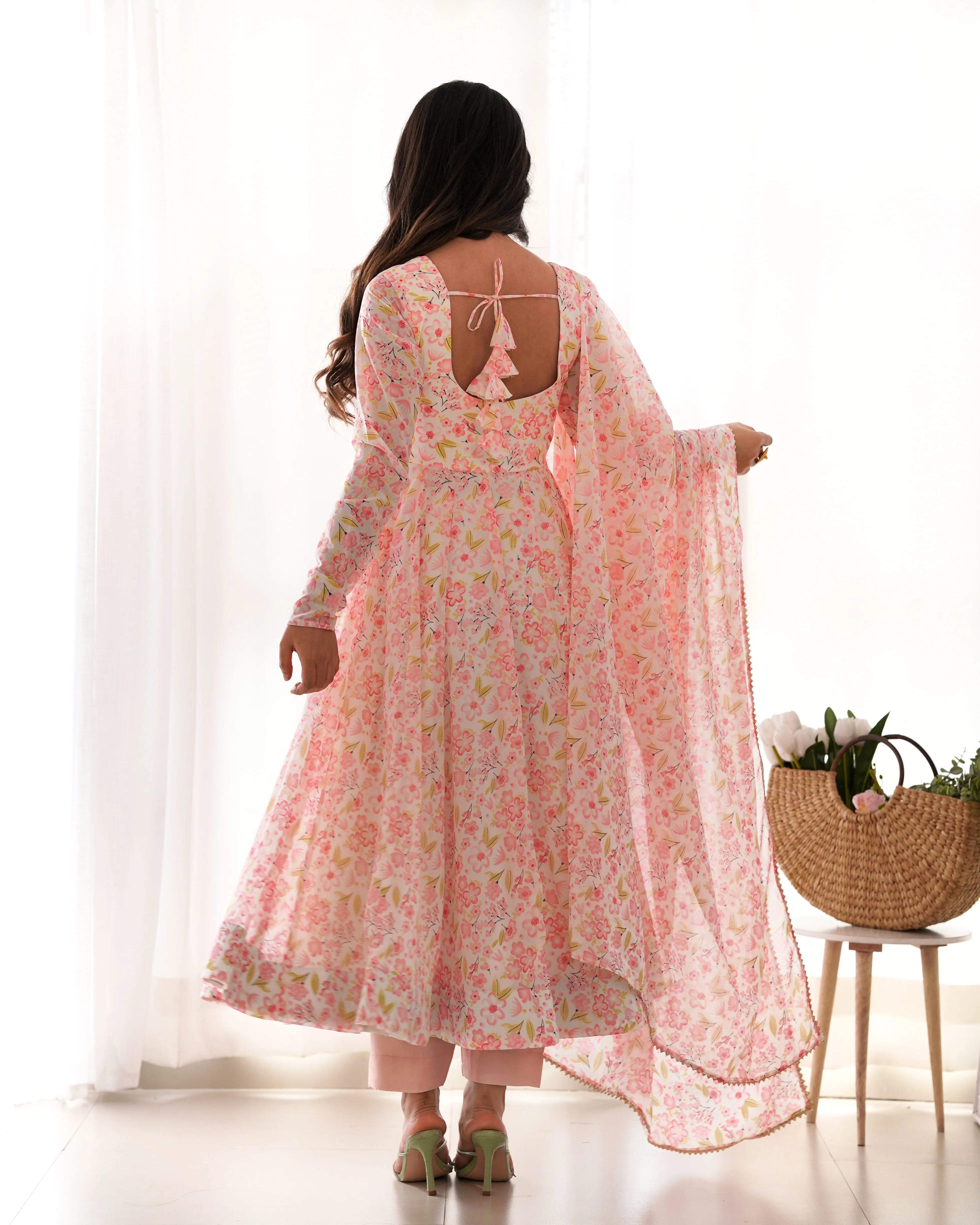Heavy Chiffon Floral Print Fancy Neck Potli Button Design with Chudidar Sleeves Anarkali Set - Orange - Image 10