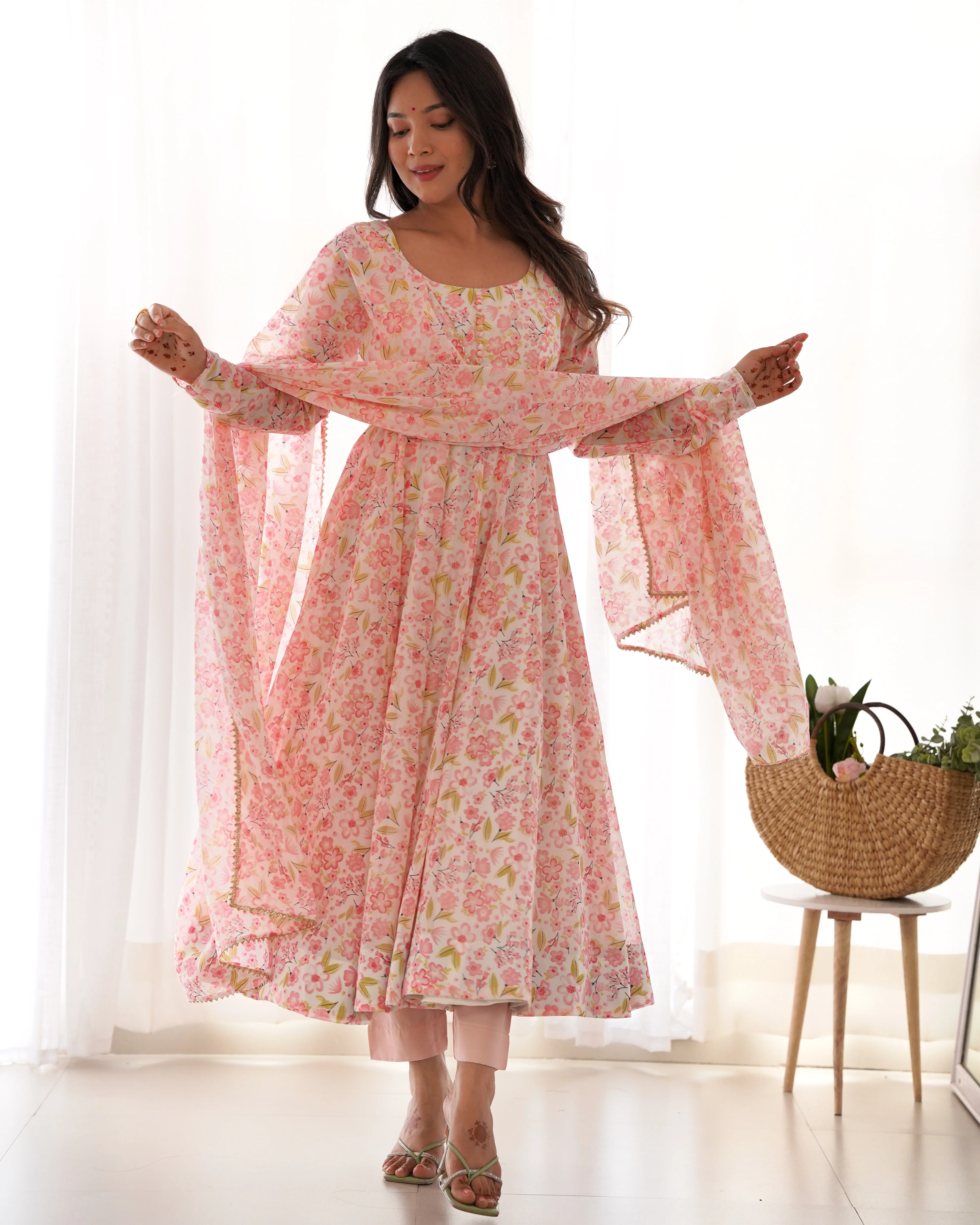 Heavy Chiffon Floral Print Fancy Neck Potli Button Design with Chudidar Sleeves Anarkali Set - Orange - Image 6