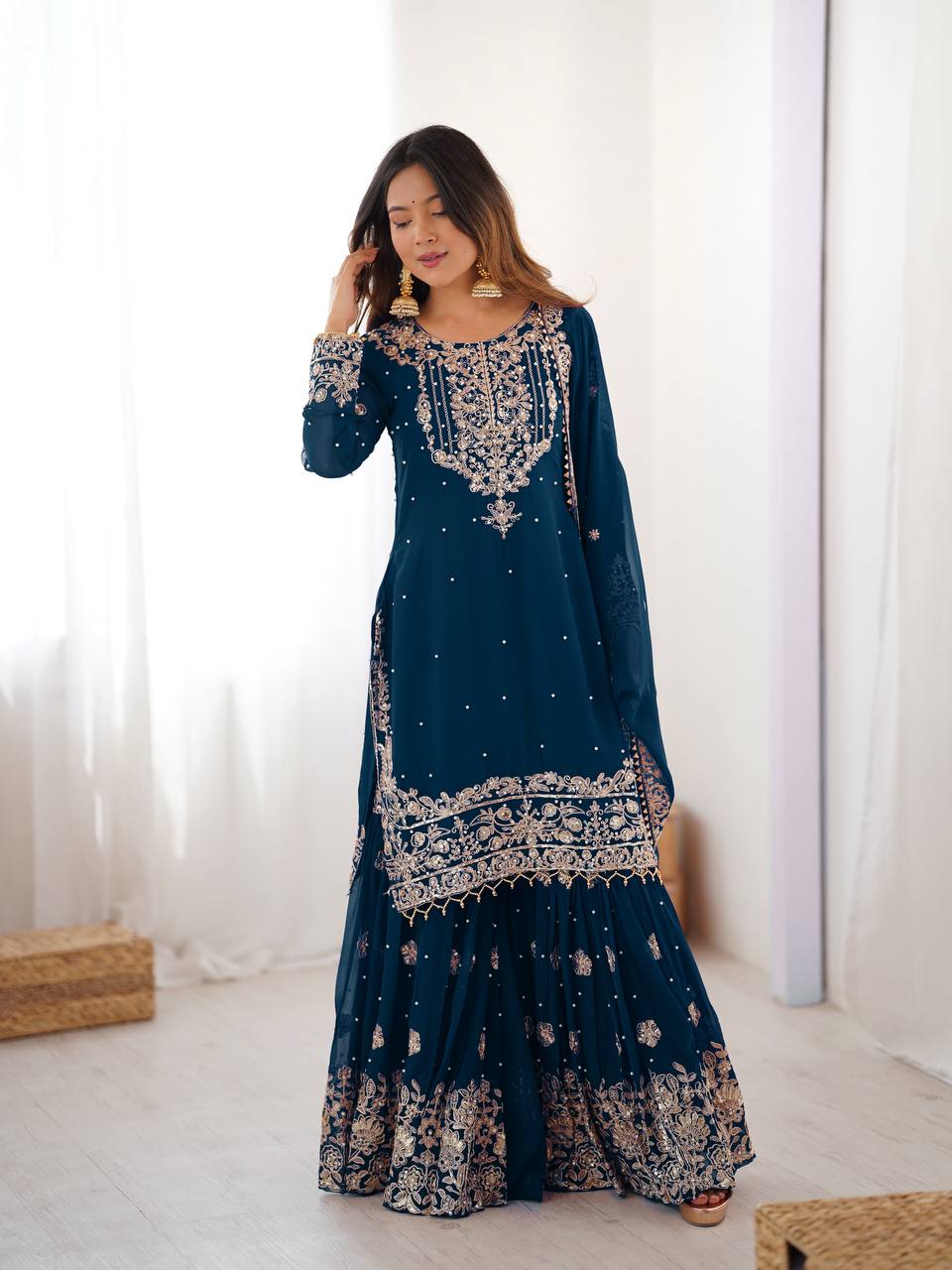 Heavy Designer Teal Blue Cording Dori Work Sharara Suit with Dupatta - Image 2