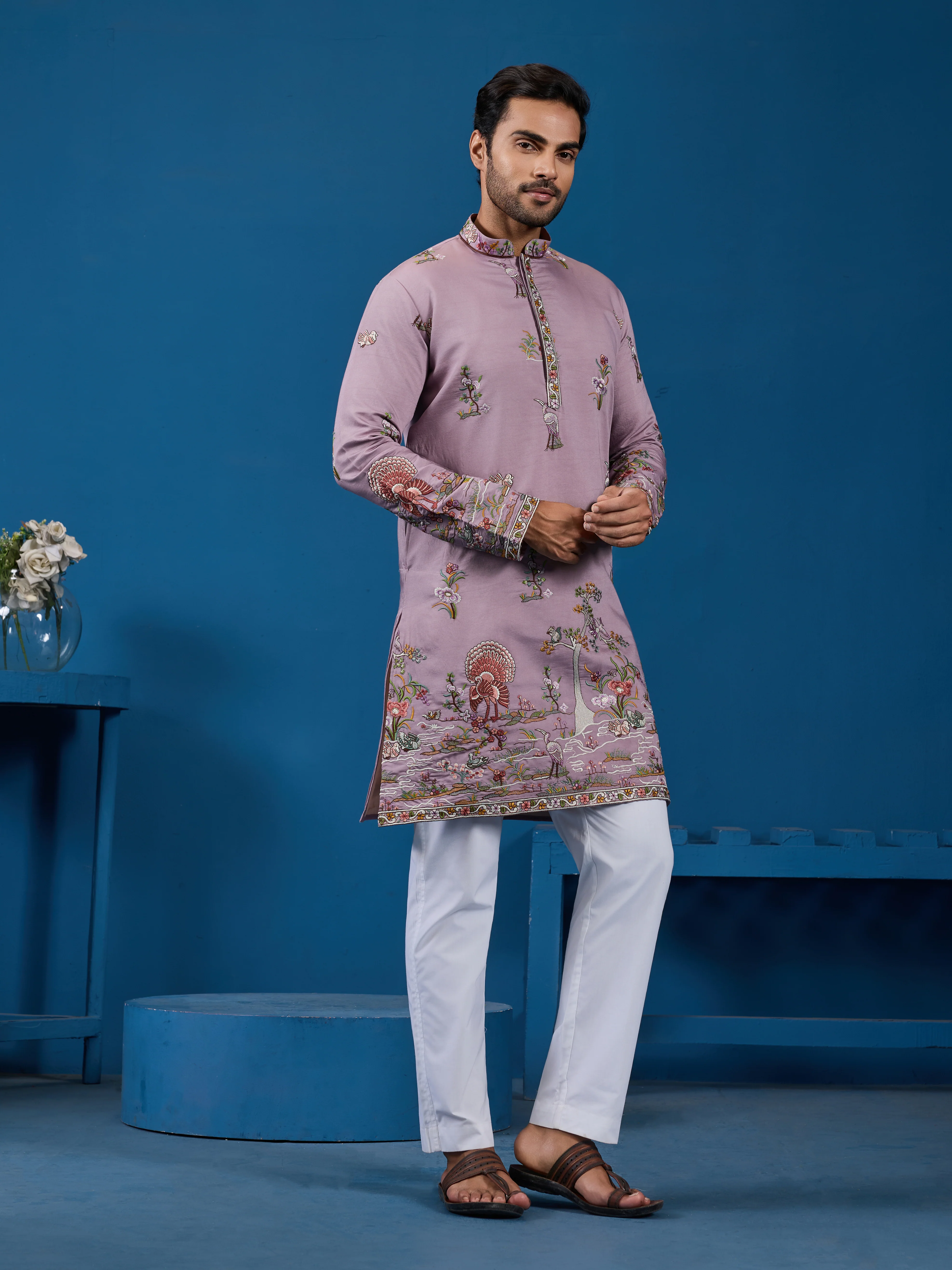 Heavy Embroidered Dusty Pink Kurta for Men - Image 5